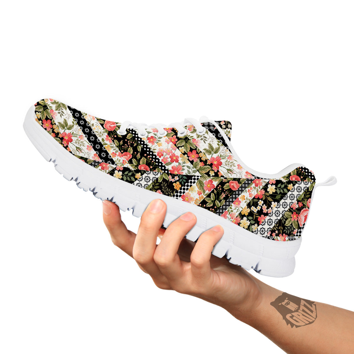 Zigzag Floral Patchwork Print Pattern White Sneaker-grizzshop