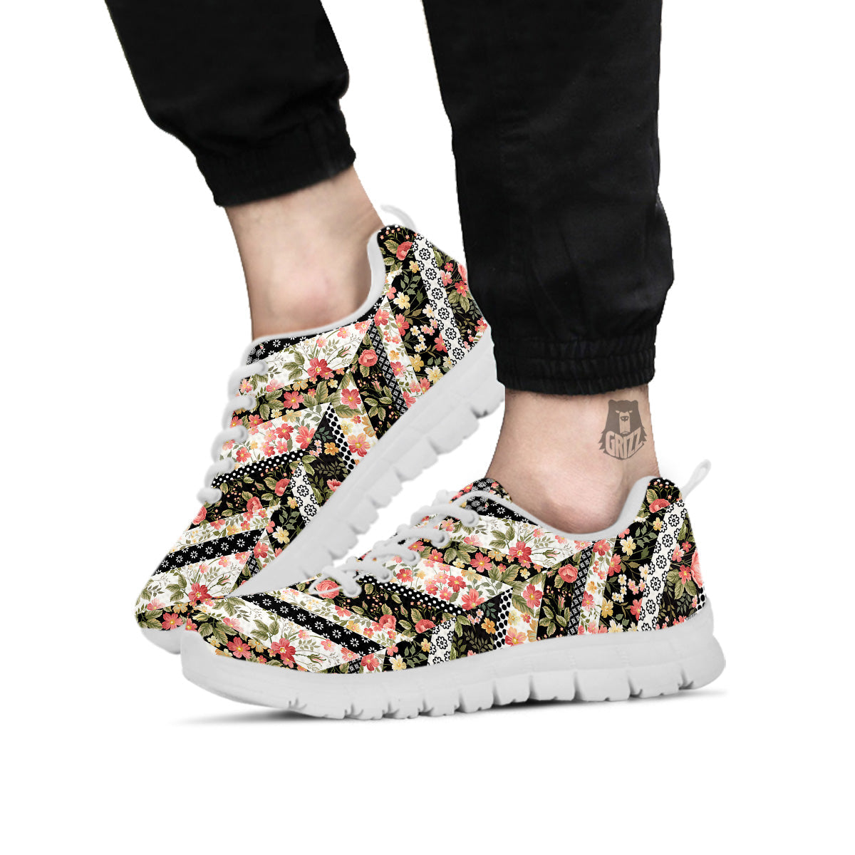 Zigzag Floral Patchwork Print Pattern White Sneaker-grizzshop