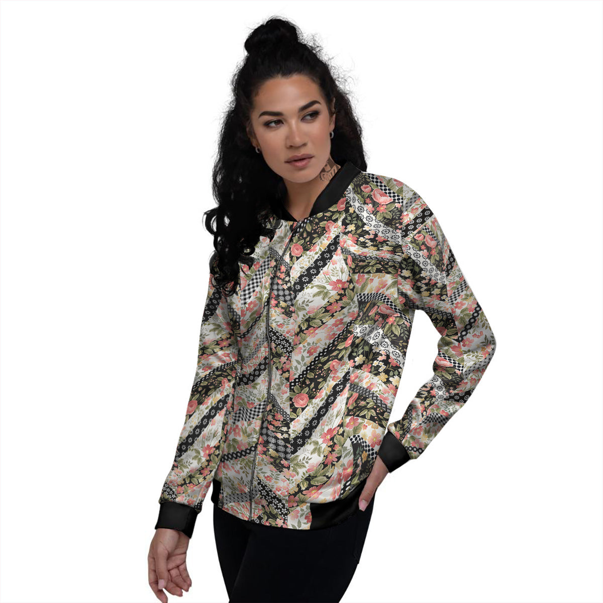 Zigzag Floral Patchwork Print Pattern Women's Bomber Jacket-grizzshop