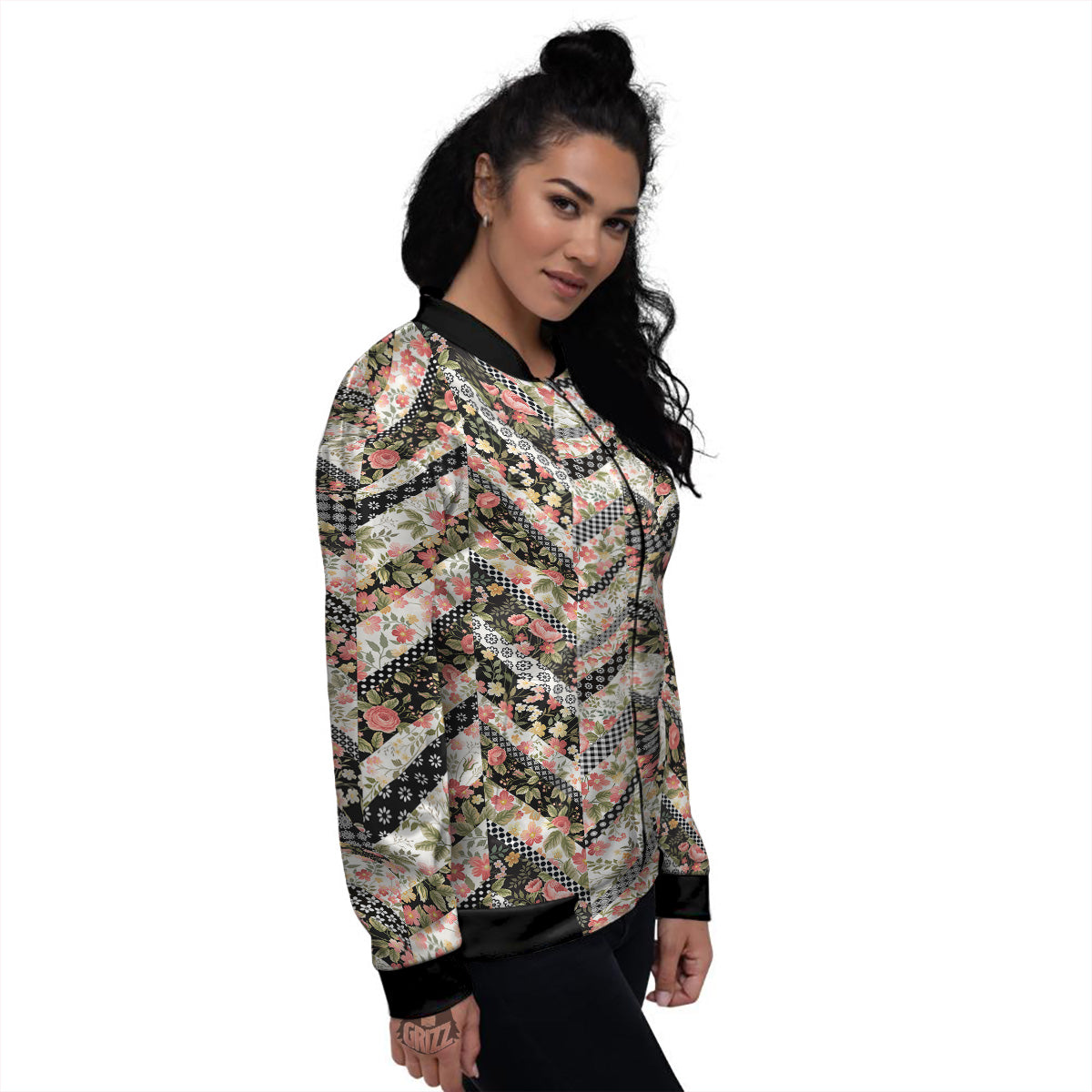 Zigzag Floral Patchwork Print Pattern Women's Bomber Jacket-grizzshop