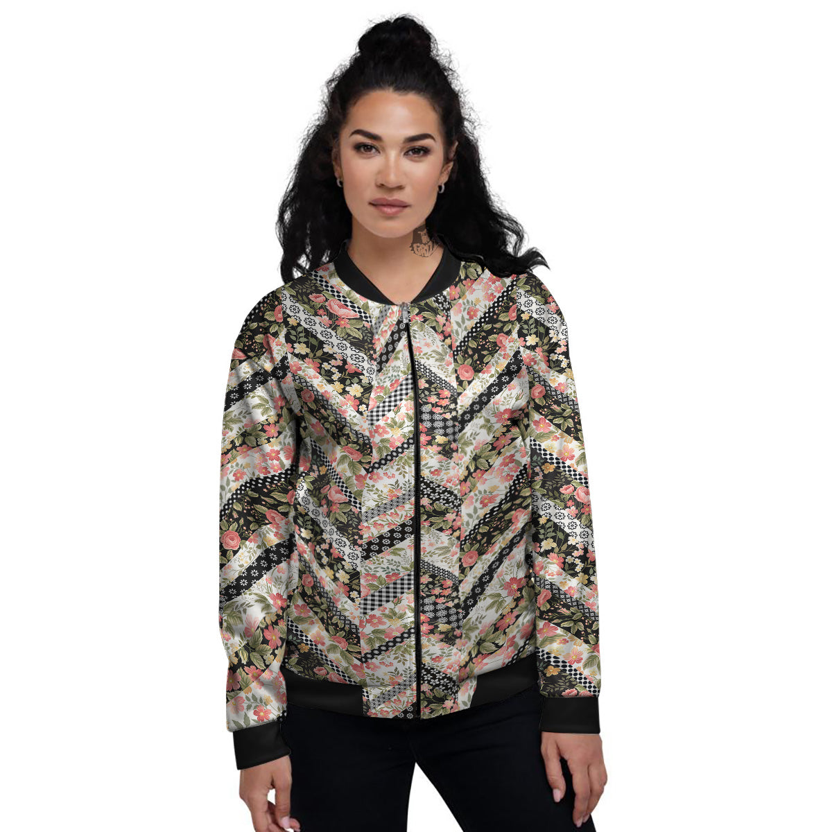 Zigzag Floral Patchwork Print Pattern Women's Bomber Jacket-grizzshop