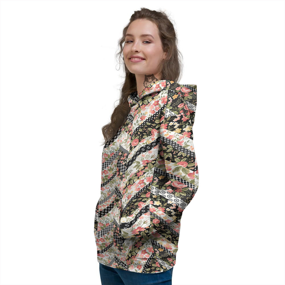 Zigzag Floral Patchwork Print Pattern Women's Hoodie-grizzshop