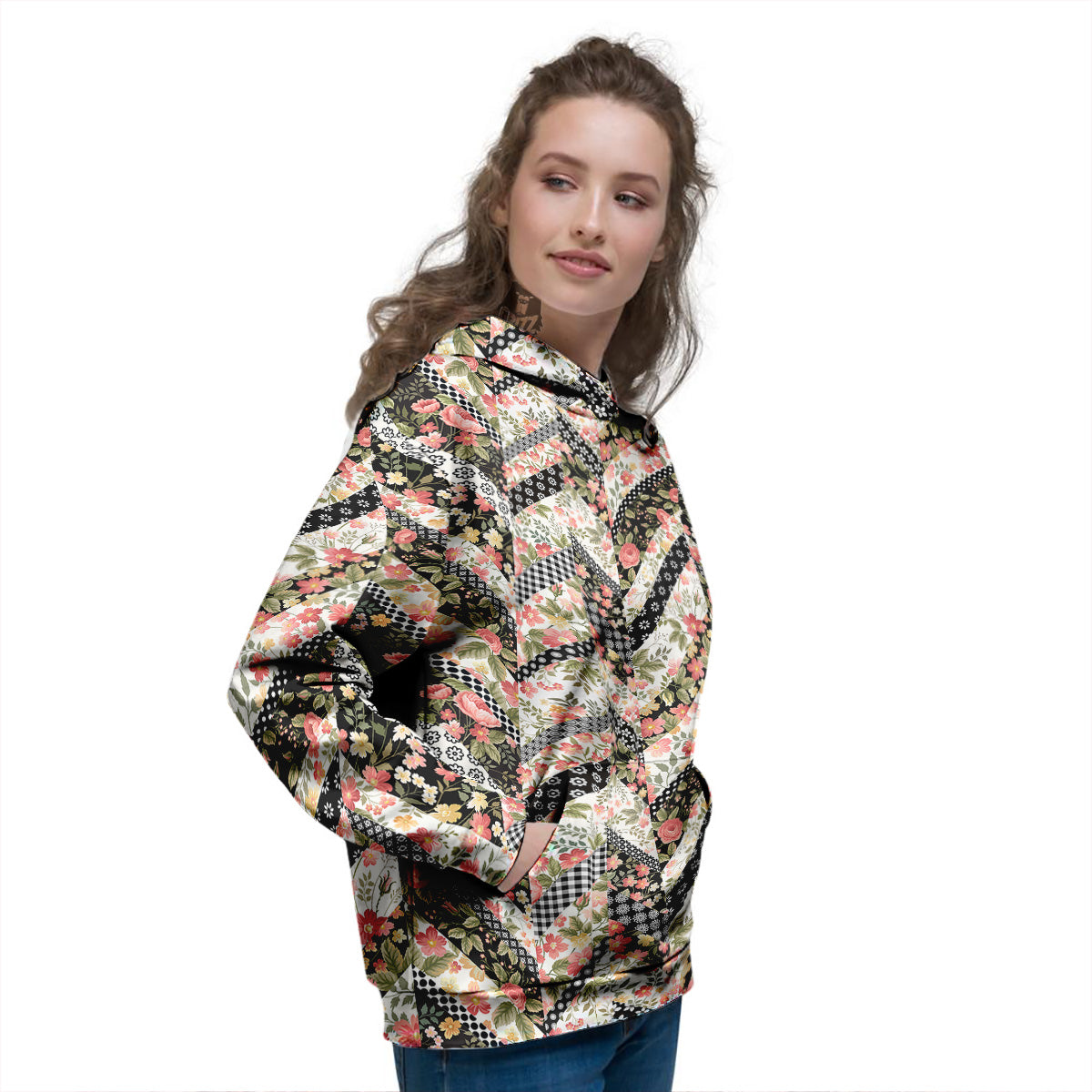 Zigzag Floral Patchwork Print Pattern Women's Hoodie-grizzshop