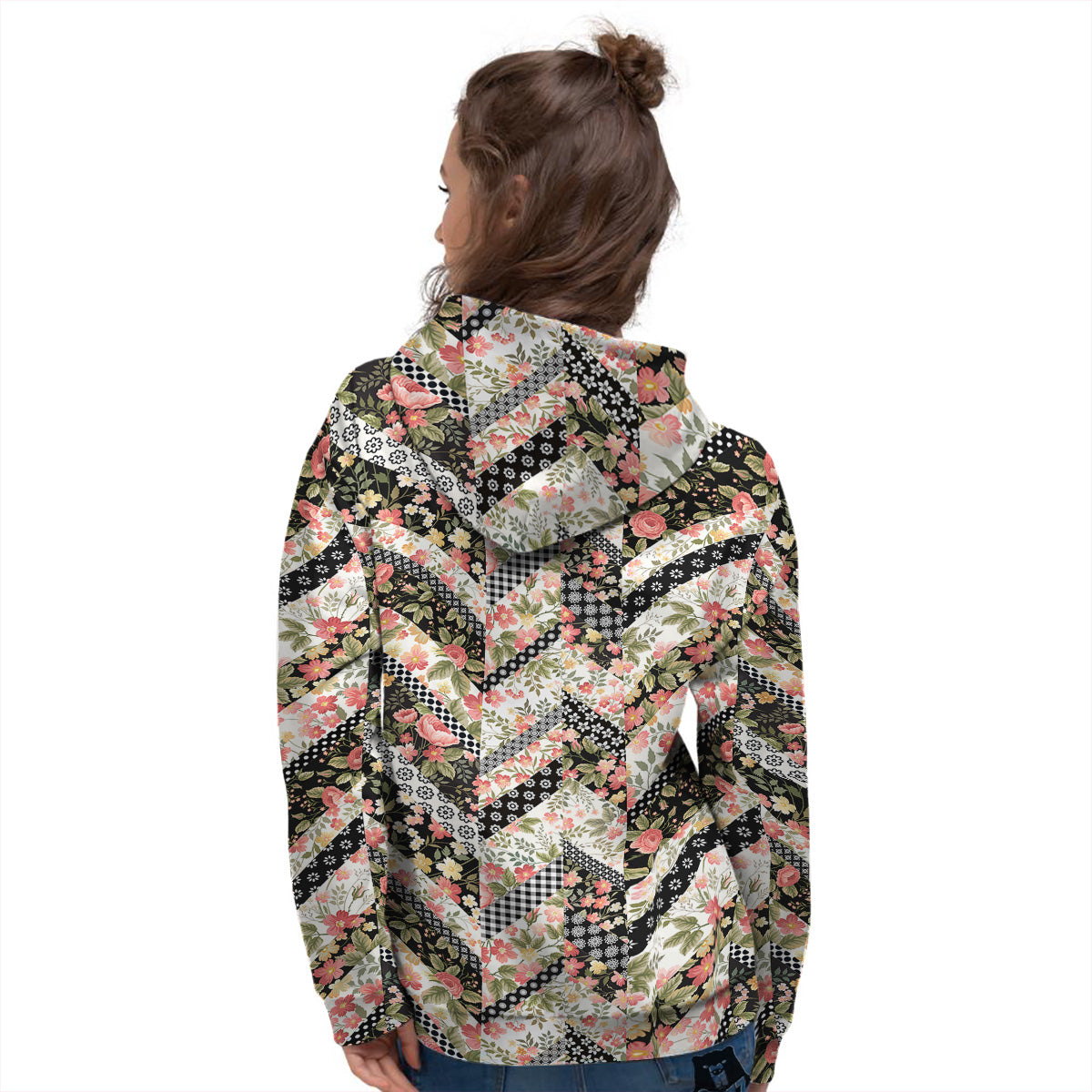 Zigzag Floral Patchwork Print Pattern Women's Hoodie-grizzshop
