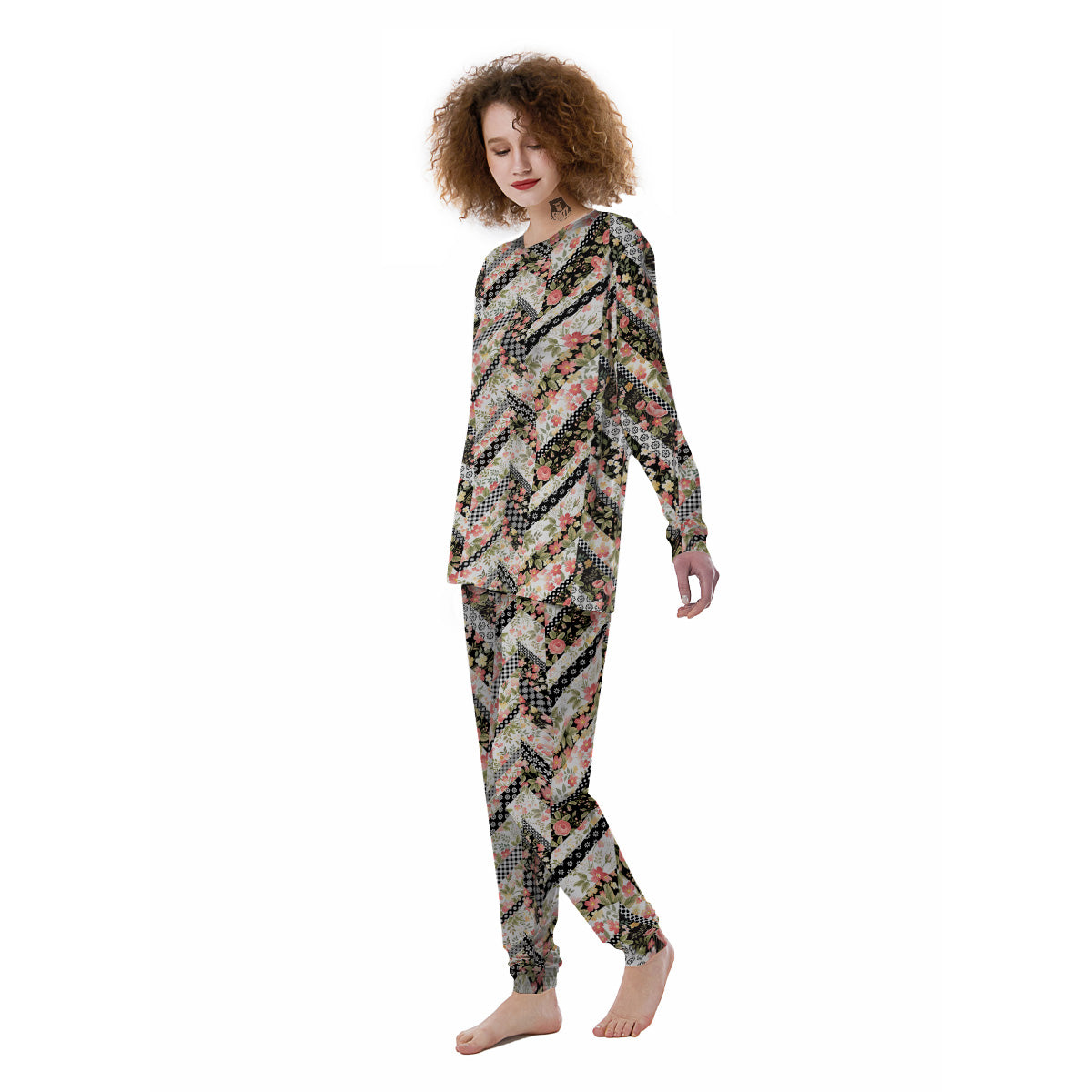 Zigzag Floral Patchwork Print Pattern Women's Pajamas-grizzshop