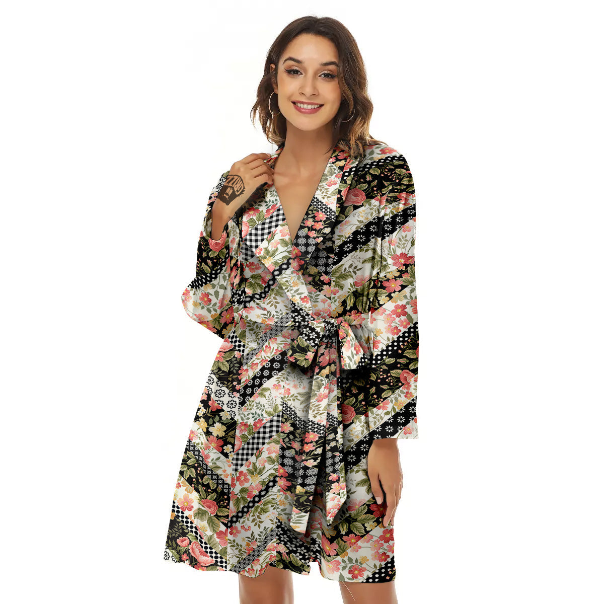 Zigzag Floral Patchwork Print Pattern Women's Robe-grizzshop