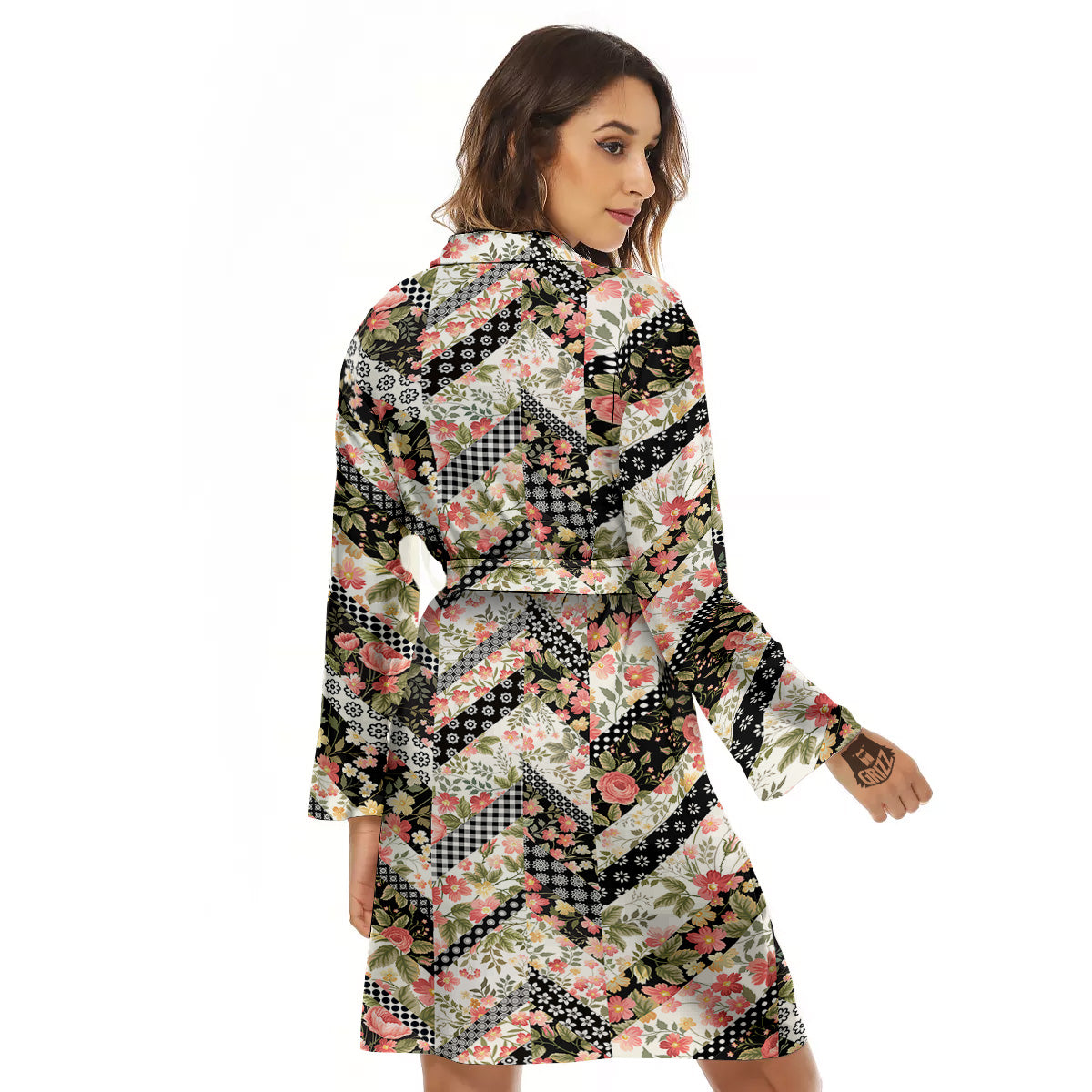 Zigzag Floral Patchwork Print Pattern Women's Robe-grizzshop