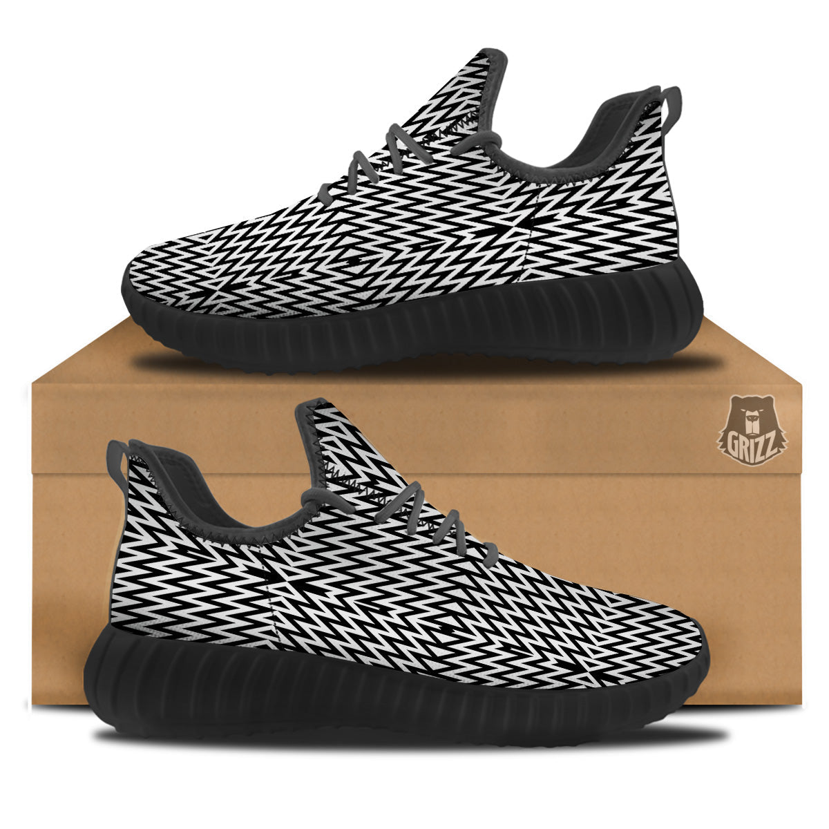 Zigzag Lines Black Print Pattern Black Walking Shoes-grizzshop