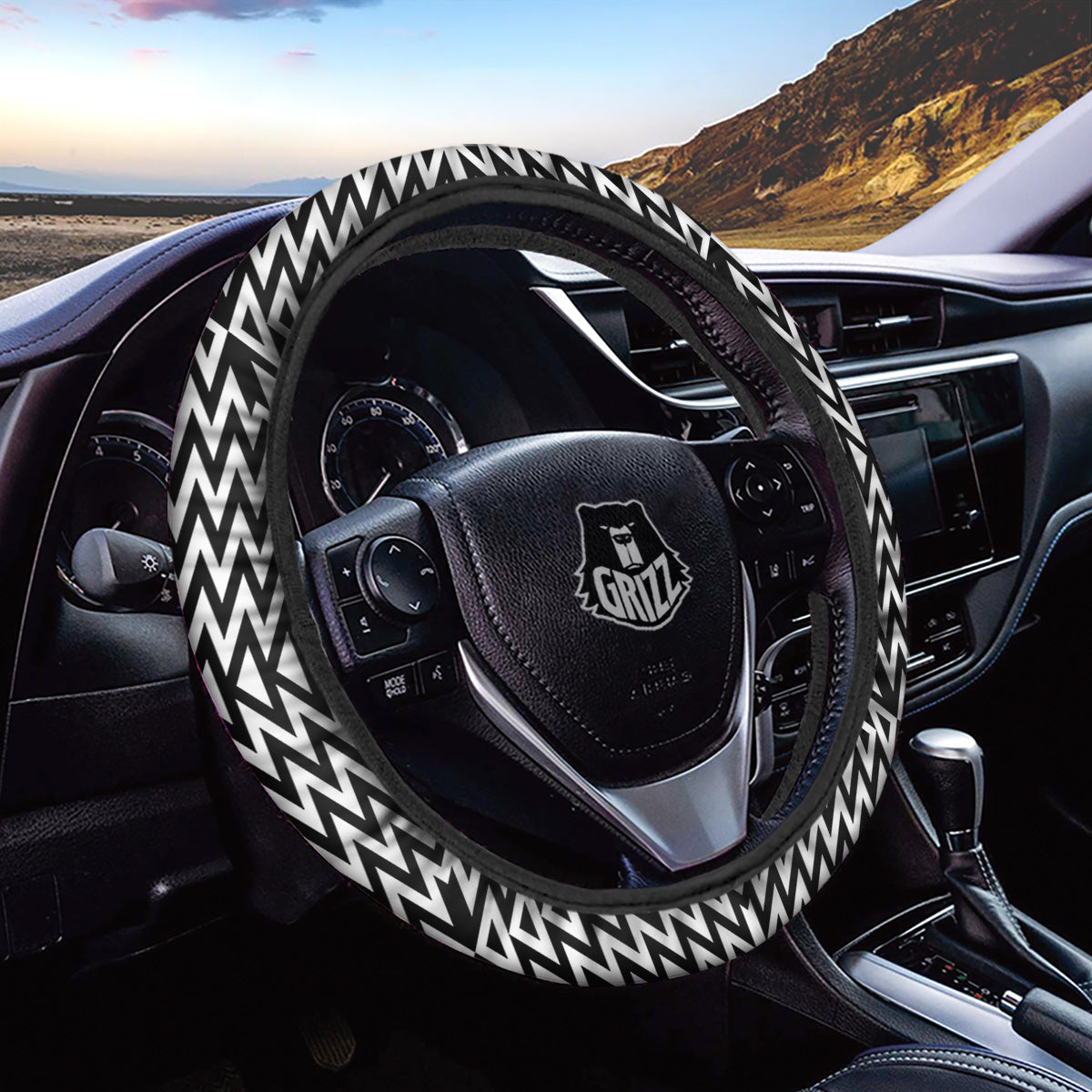 Zigzag Lines Black Print Pattern Car Steering Wheel Cover-grizzshop