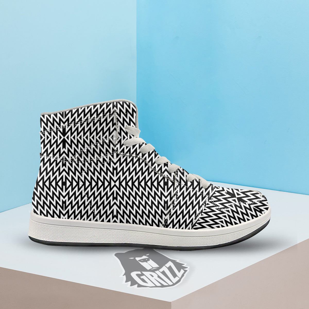 Zigzag Lines Black Print Pattern High Top Sneakers-grizzshop