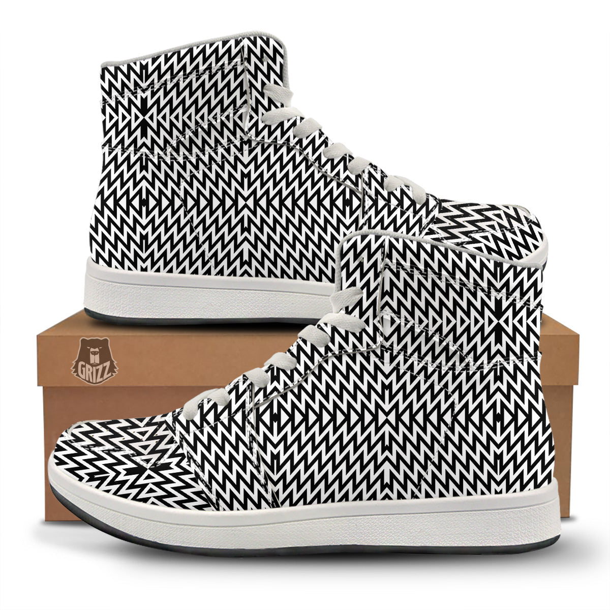 Zigzag Lines Black Print Pattern High Top Sneakers-grizzshop