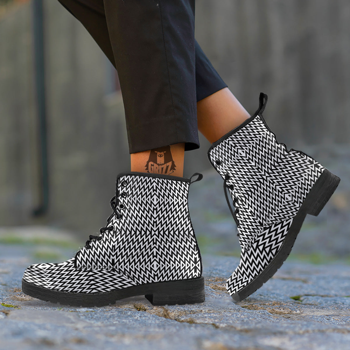 Zigzag Lines Black Print Pattern Leather Boots-grizzshop