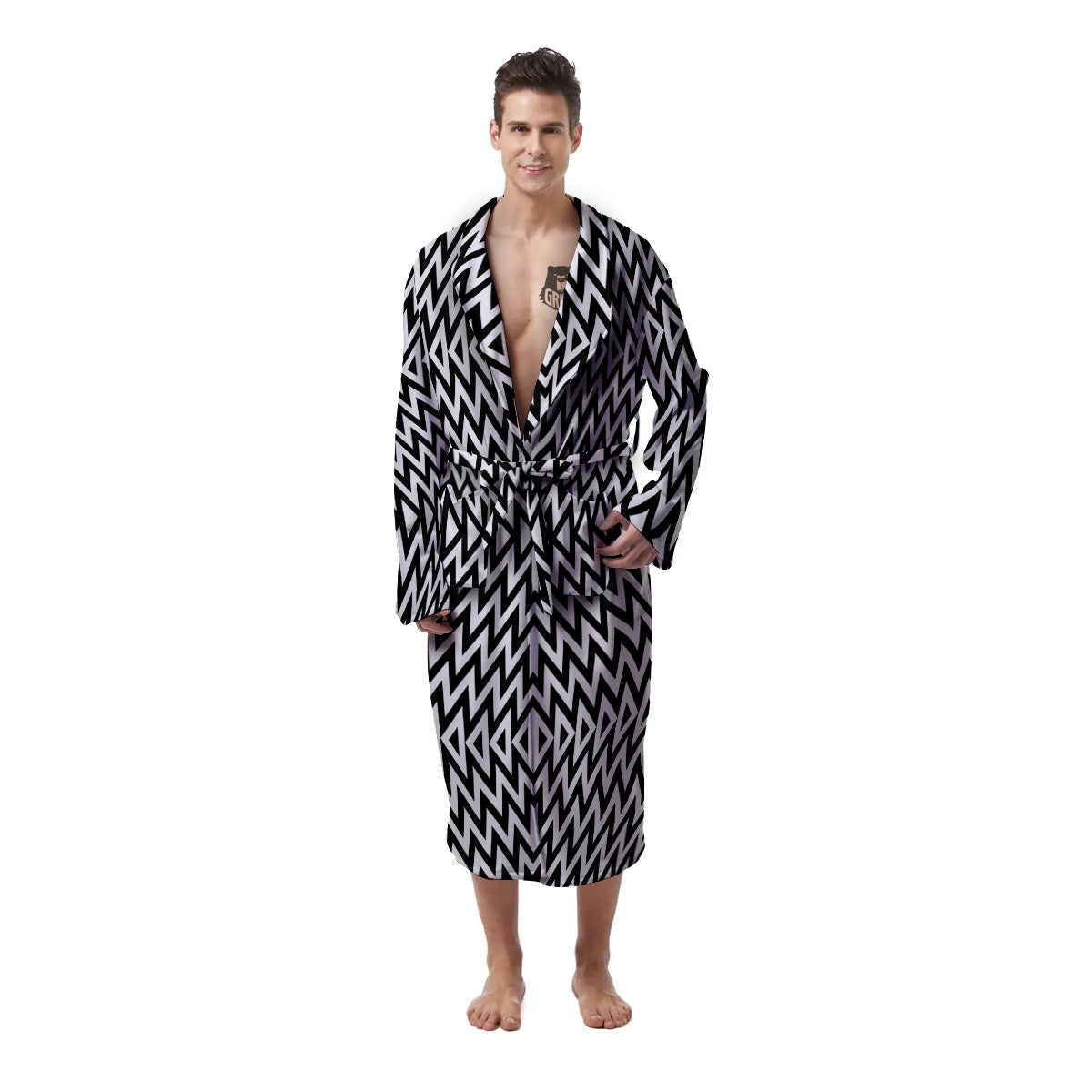 Zigzag Lines Black Print Pattern Men's Robe-grizzshop