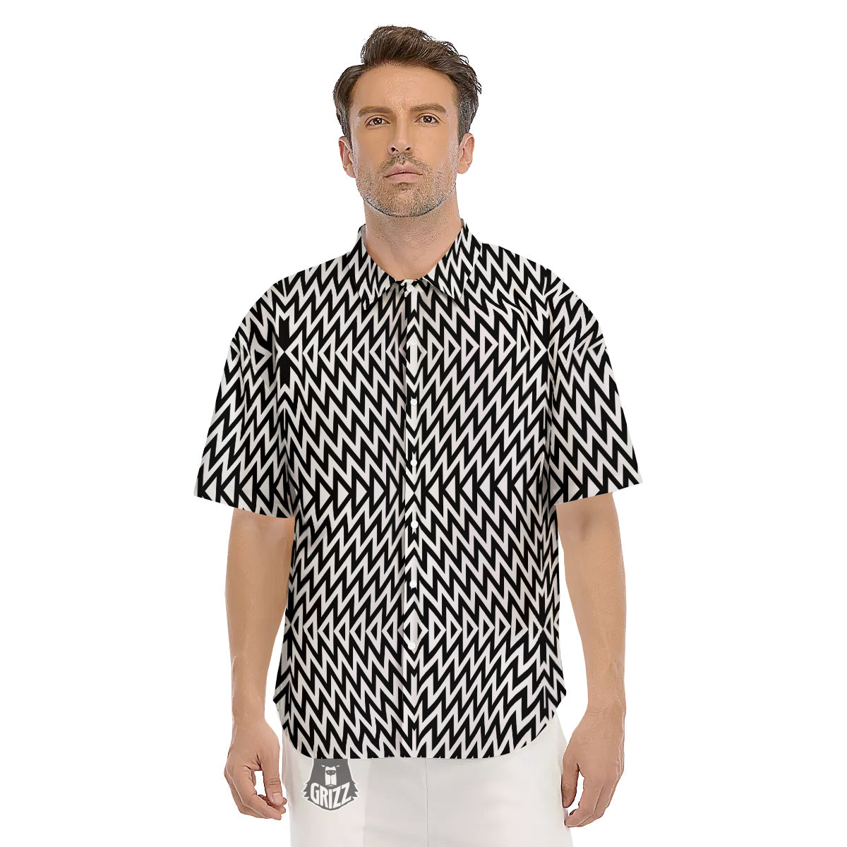 Zigzag Lines Black Print Pattern Men's Short Sleeve Shirts-grizzshop