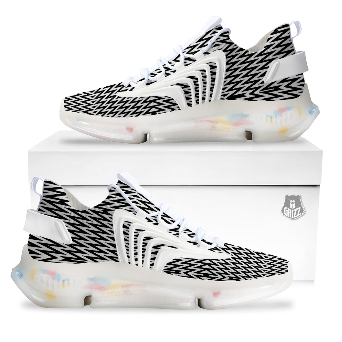 Zigzag Lines Black Print Pattern White Gym Shoes-grizzshop