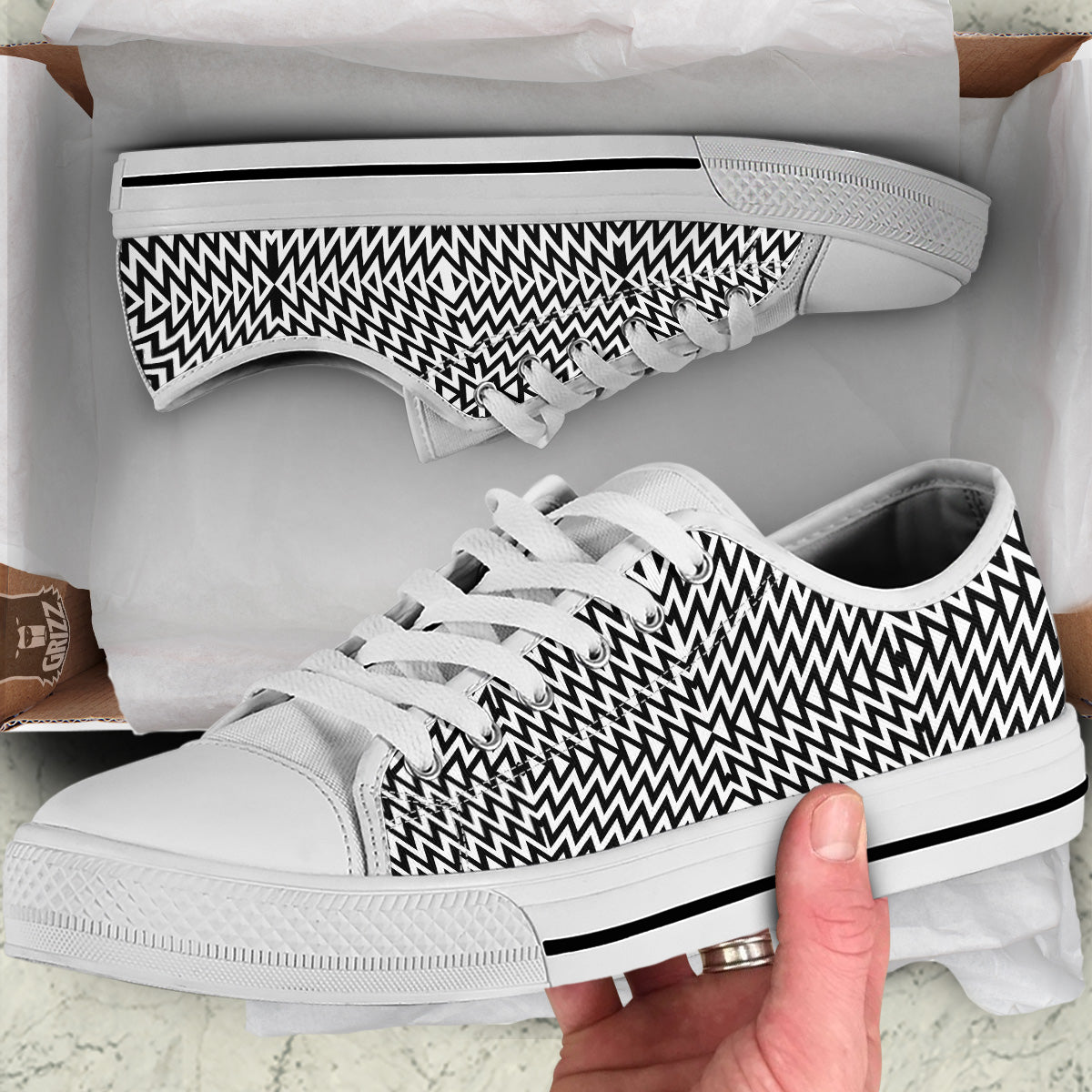 Zigzag Lines Black Print Pattern White Low Top Shoes-grizzshop