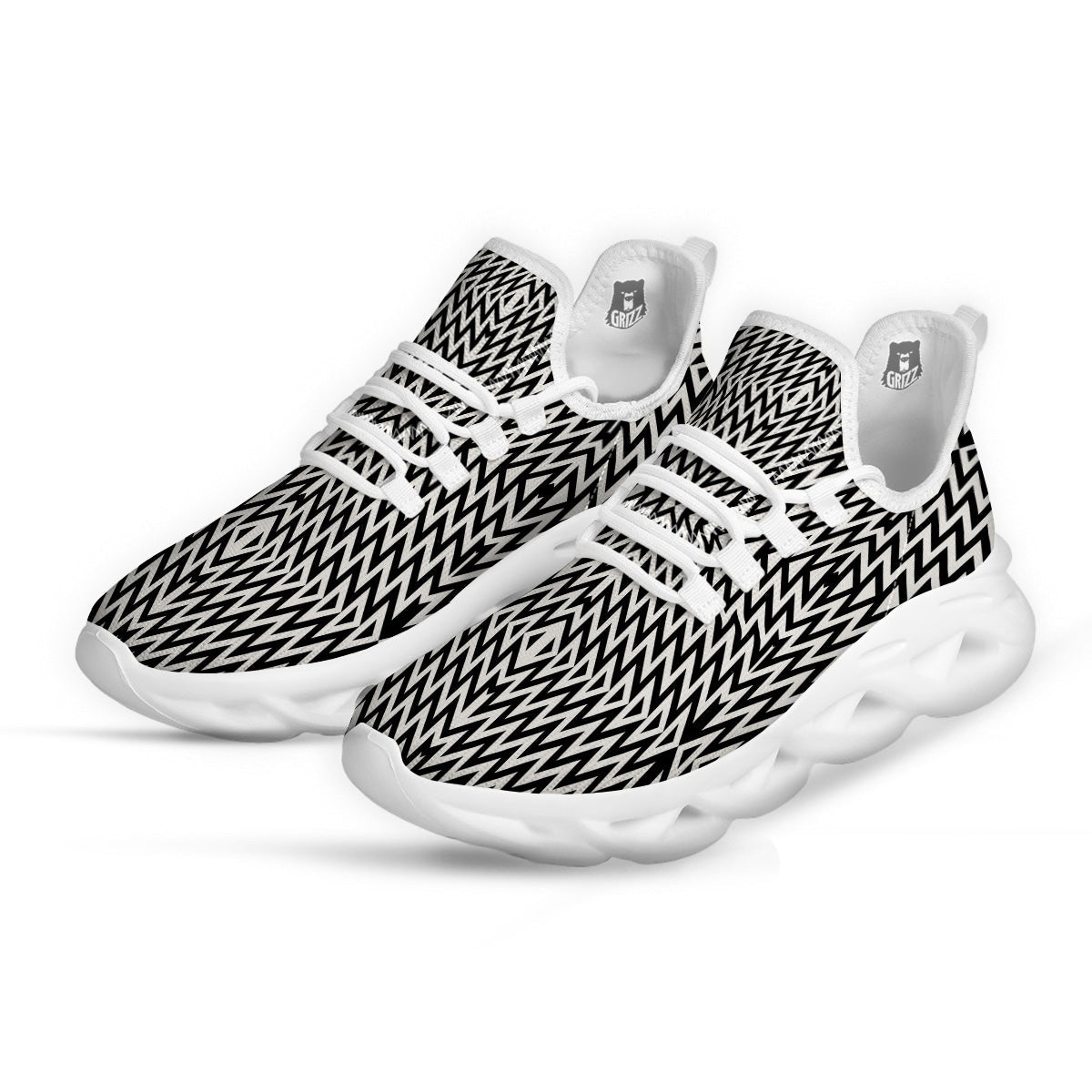 Zigzag Lines Black Print Pattern White Running Shoes-grizzshop