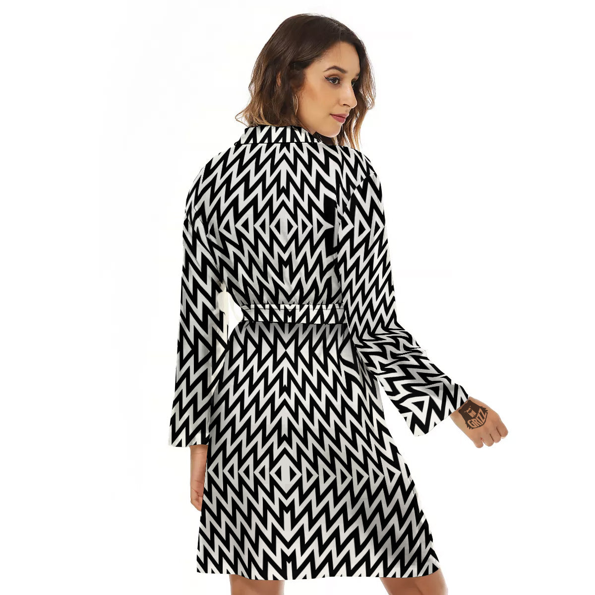 Zigzag Lines Black Print Pattern Women's Robe-grizzshop