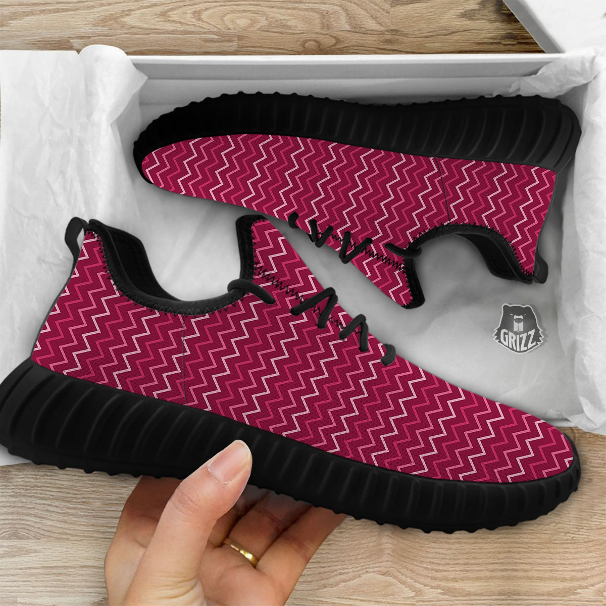Zigzag Magenta Pink Print Pattern Black Walking Shoes-grizzshop