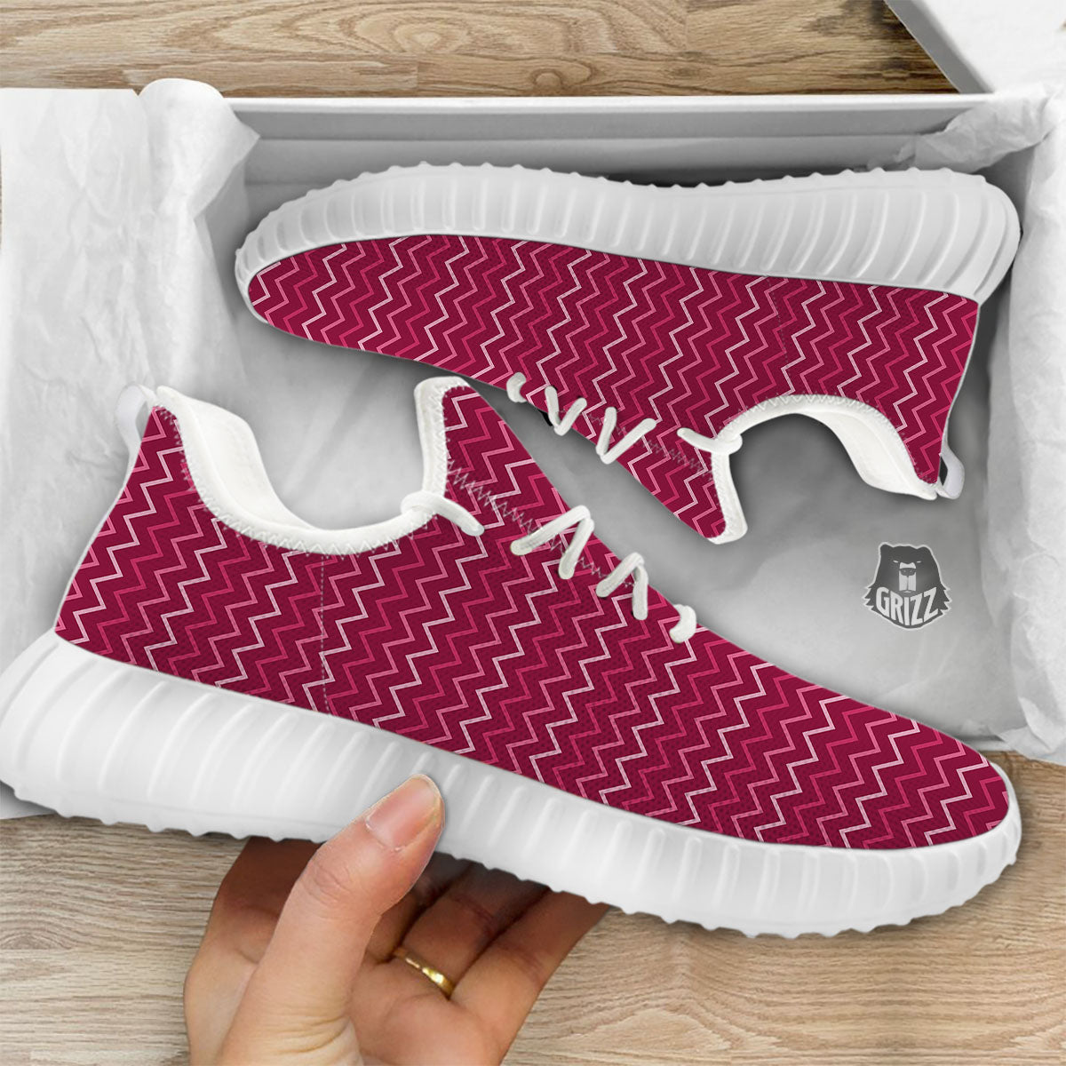 Zigzag Magenta Pink Print Pattern White Walking Shoes-grizzshop
