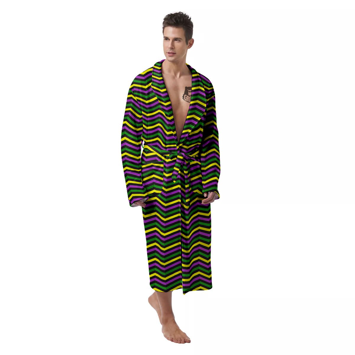 Zigzag Mardi Gras Print Pattern Men's Robe-grizzshop