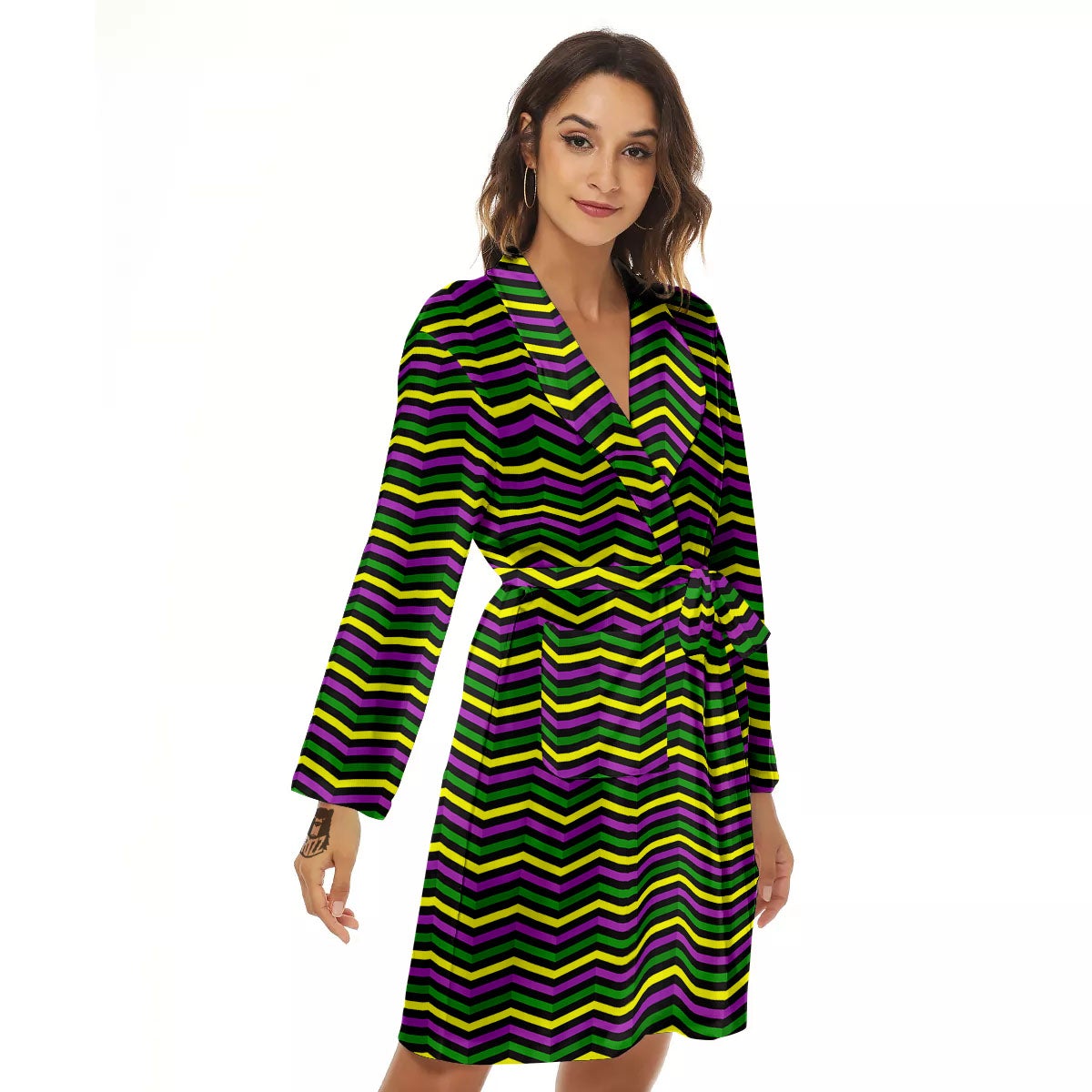 Zigzag Mardi Gras Print Pattern Women's Robe-grizzshop