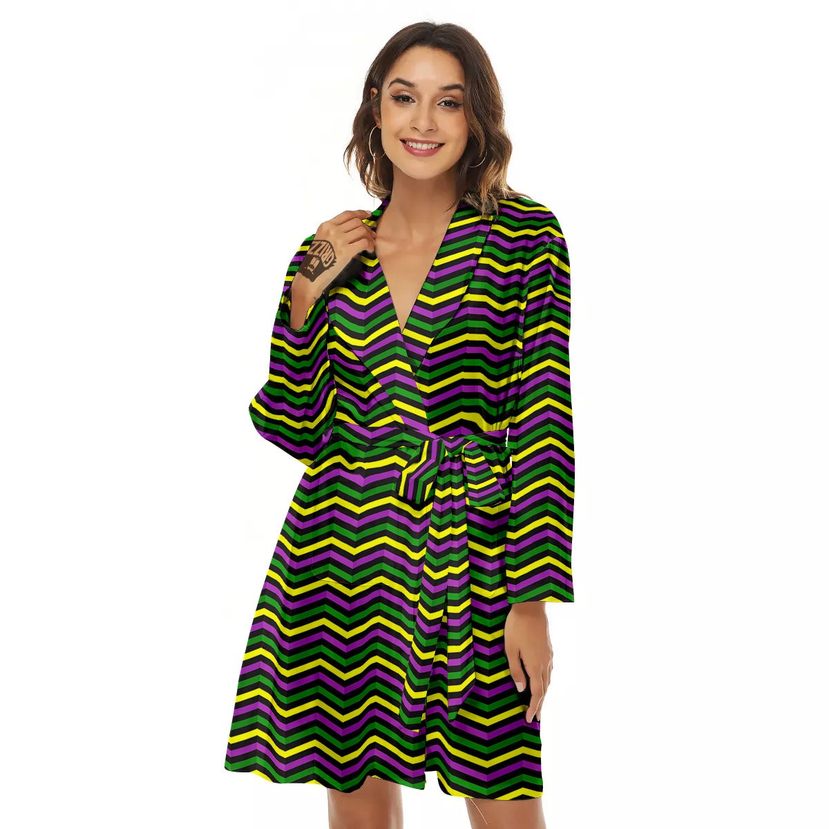 Zigzag Mardi Gras Print Pattern Women's Robe-grizzshop