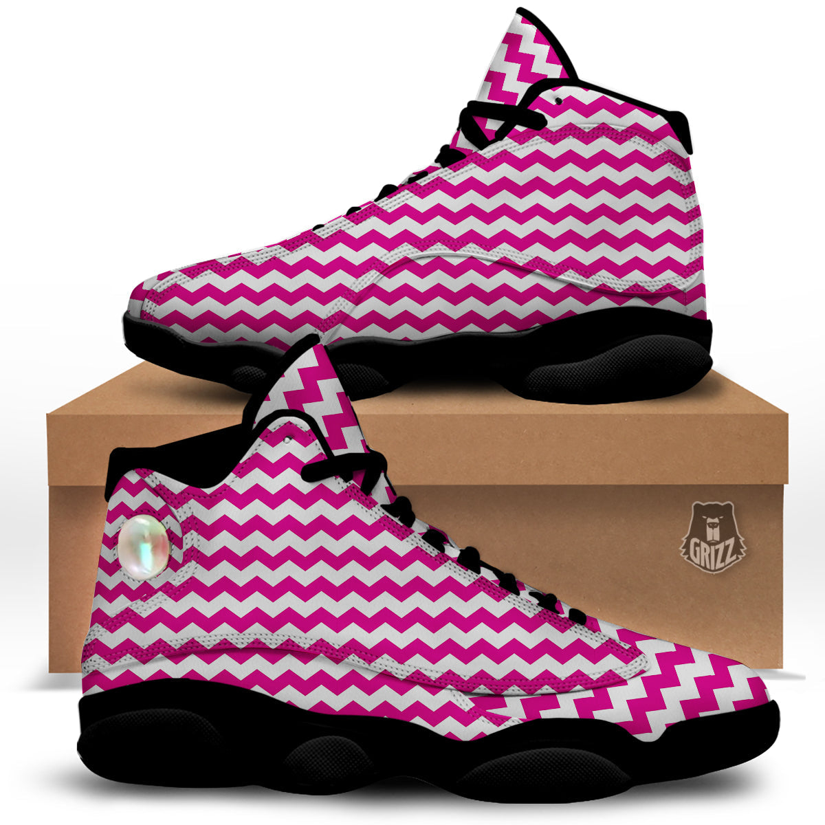 Zigzag Pink And White Print Pattern Black Basketball Shoes-grizzshop