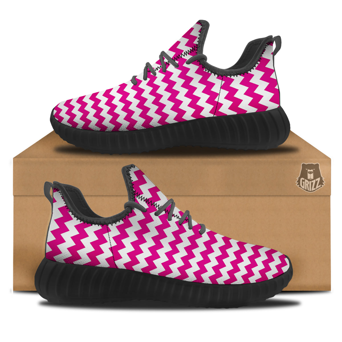 Zigzag Pink And White Print Pattern Black Walking Shoes-grizzshop