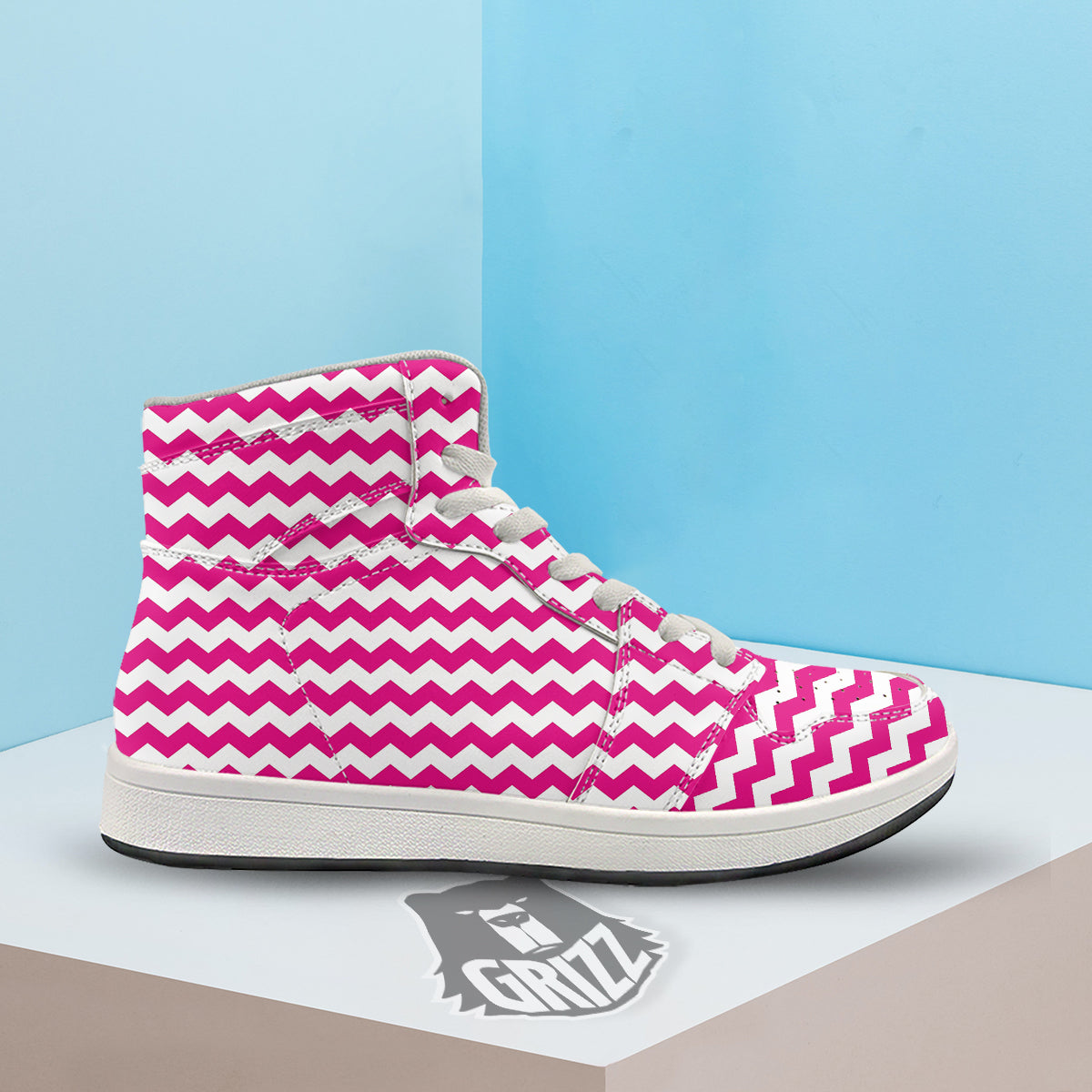 Zigzag Pink And White Print Pattern High Top Sneakers-grizzshop