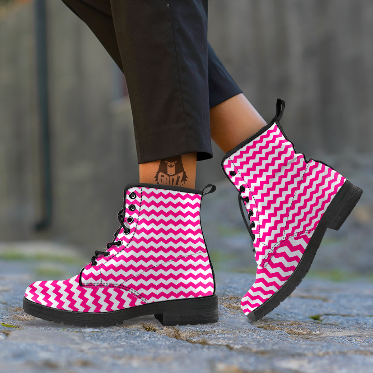 Zigzag Pink And White Print Pattern Leather Boots-grizzshop