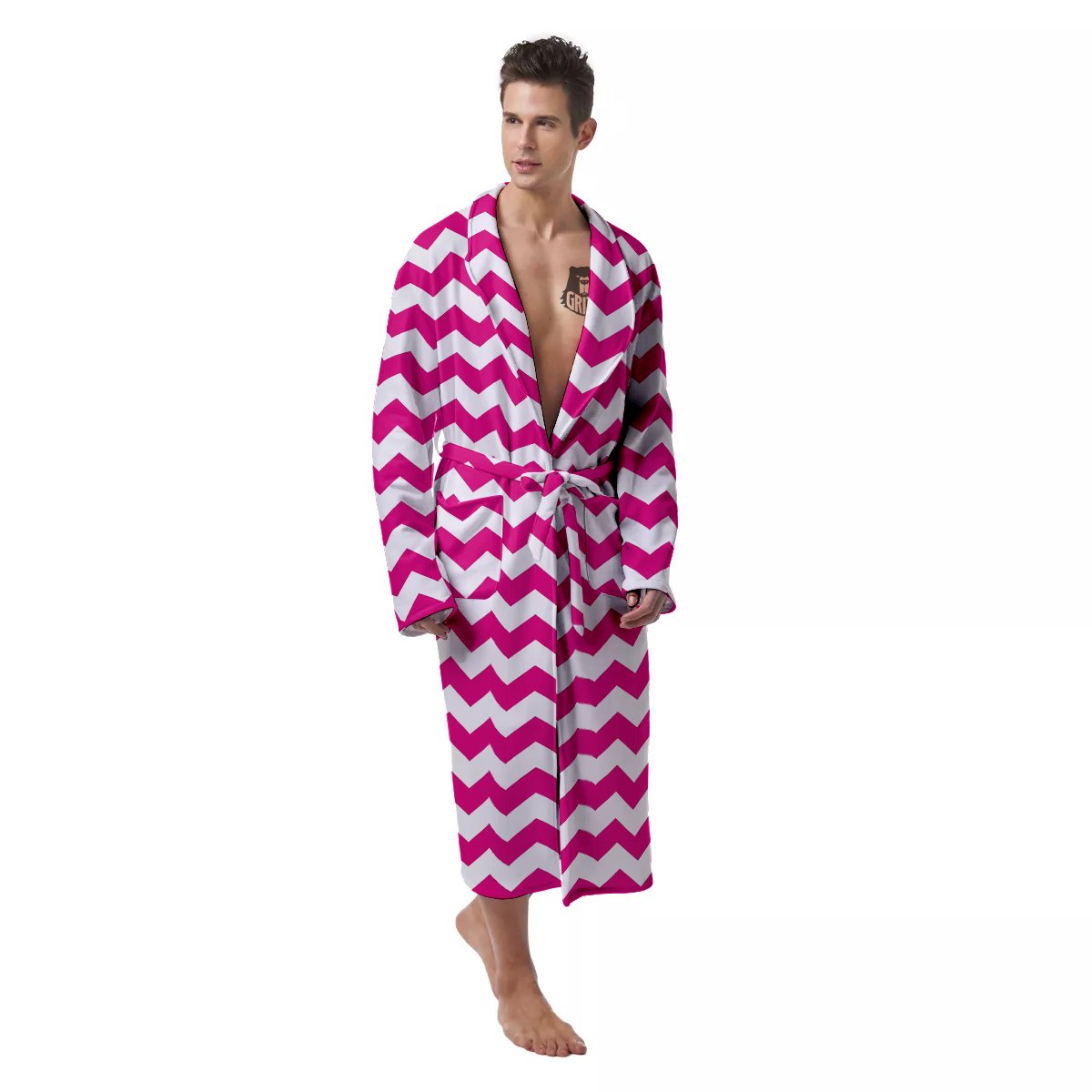 Zigzag Pink And White Print Pattern Men's Robe-grizzshop