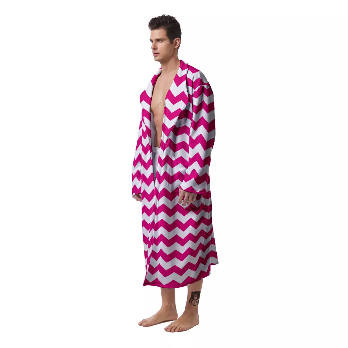 Zigzag Pink And White Print Pattern Men's Robe-grizzshop