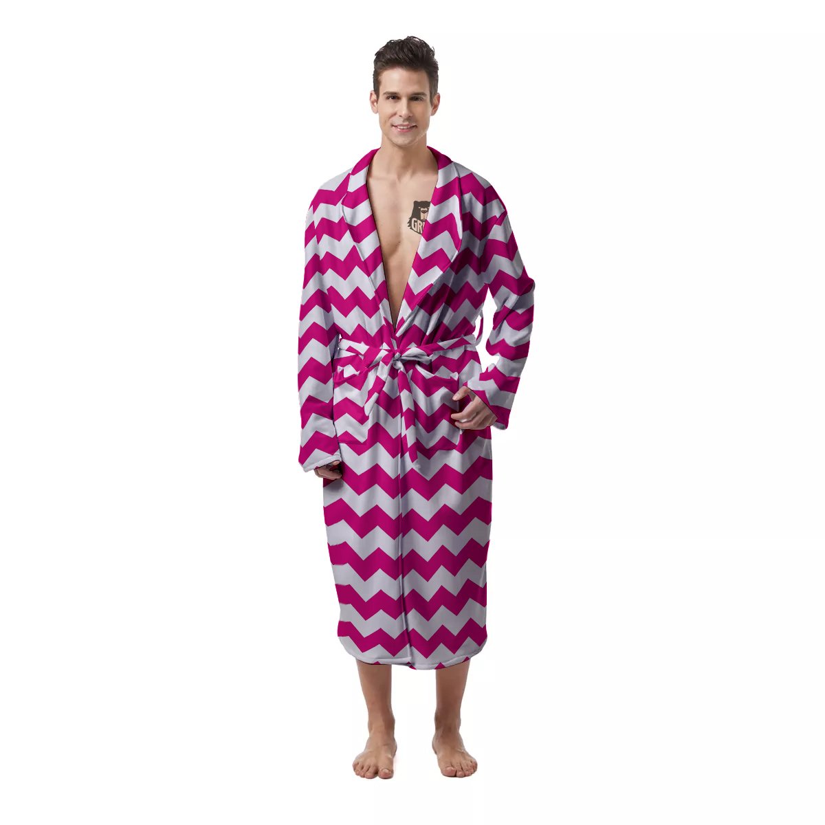 Zigzag Pink And White Print Pattern Men's Robe-grizzshop