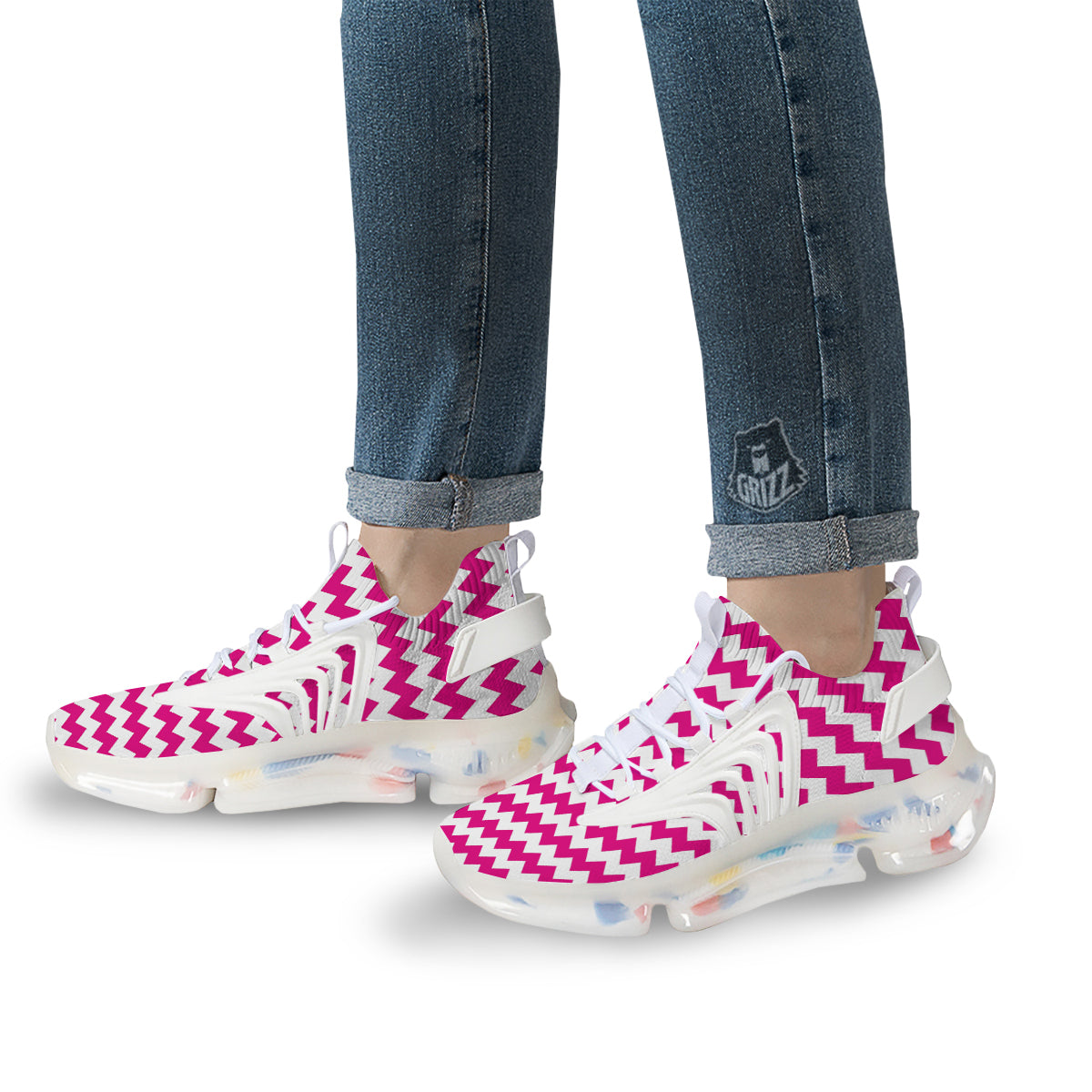 Zigzag Pink And White Print Pattern White Gym Shoes-grizzshop