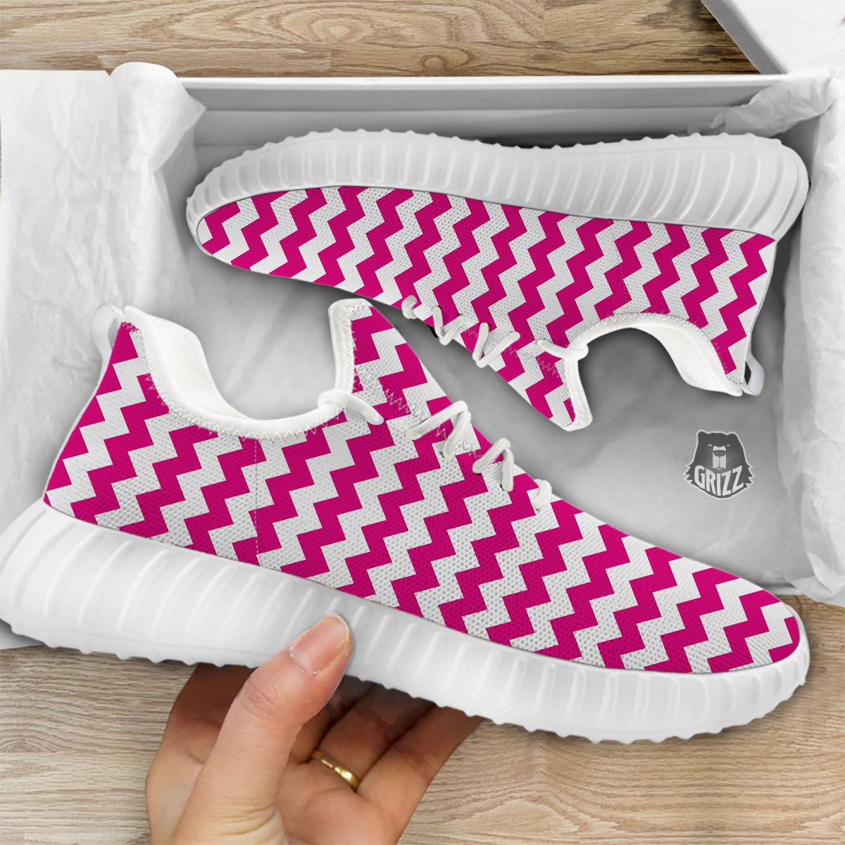 Zigzag Pink And White Print Pattern White Walking Shoes-grizzshop