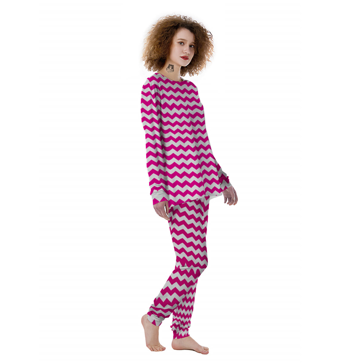 Zigzag Pink And White Print Pattern Women's Pajamas-grizzshop
