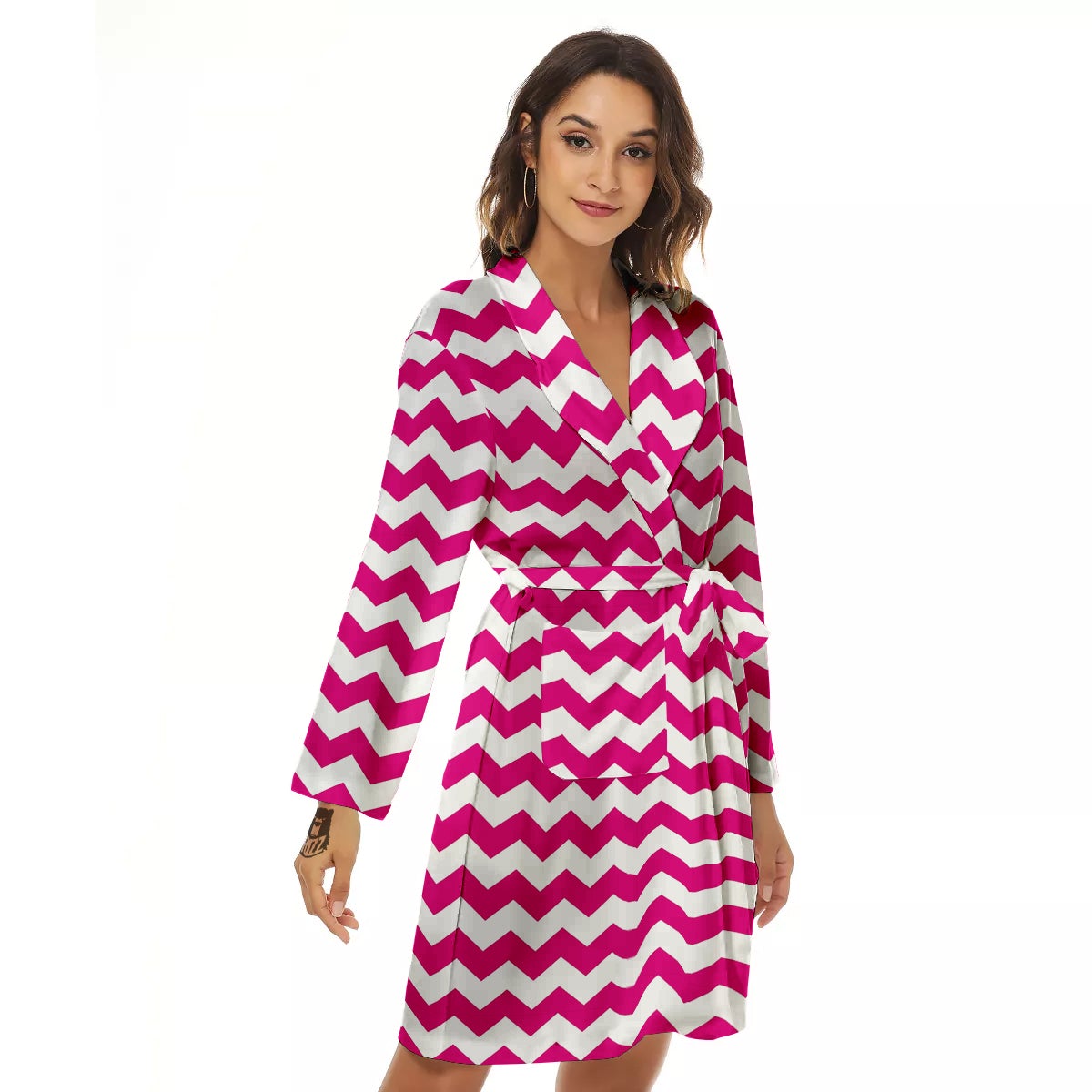 Zigzag Pink And White Print Pattern Women's Robe-grizzshop