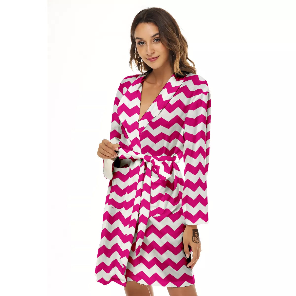 Zigzag Pink And White Print Pattern Women's Robe-grizzshop