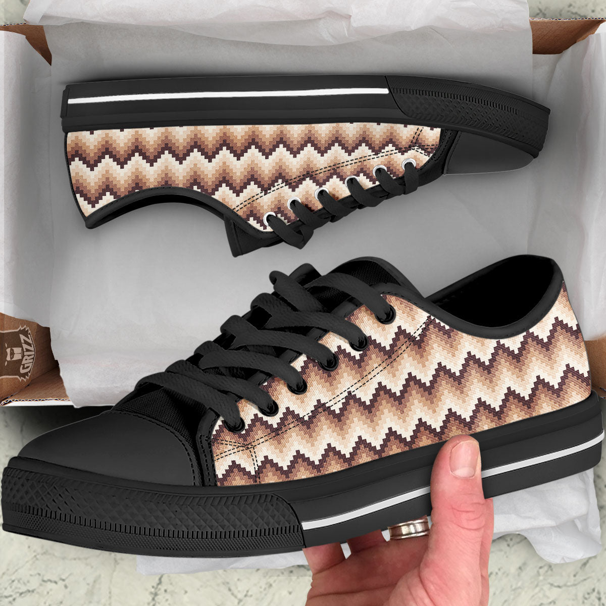 Zigzag Pixel Print Pattern Black Low Top Shoes-grizzshop