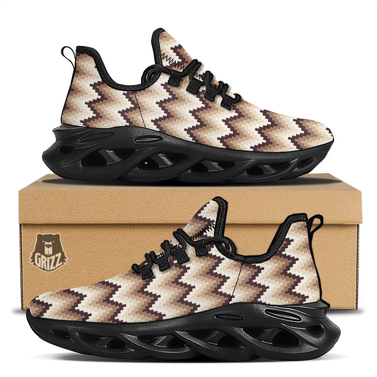 Zigzag Pixel Print Pattern Black Running Shoes-grizzshop