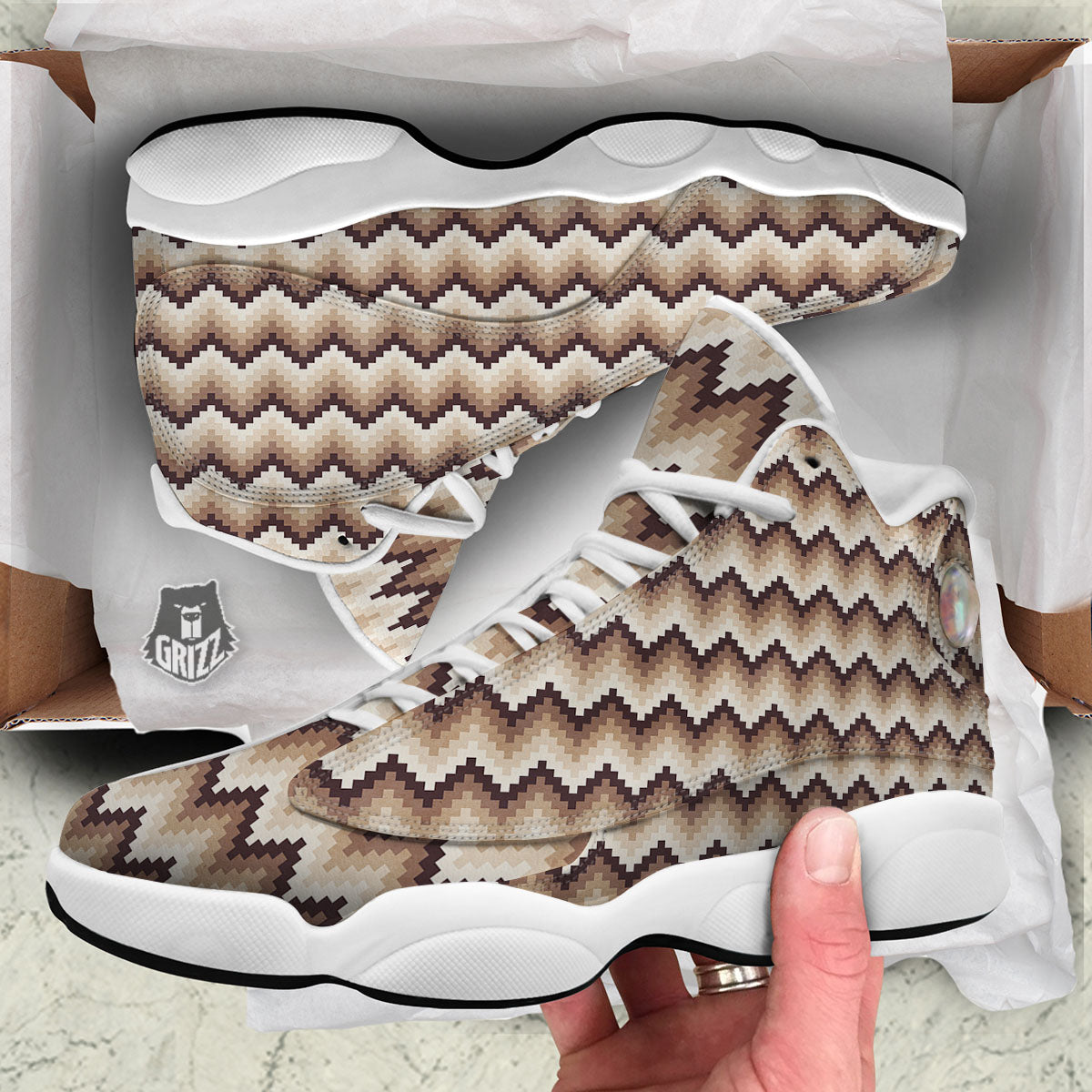 Zigzag Pixel Print Pattern White Basketball Shoes-grizzshop