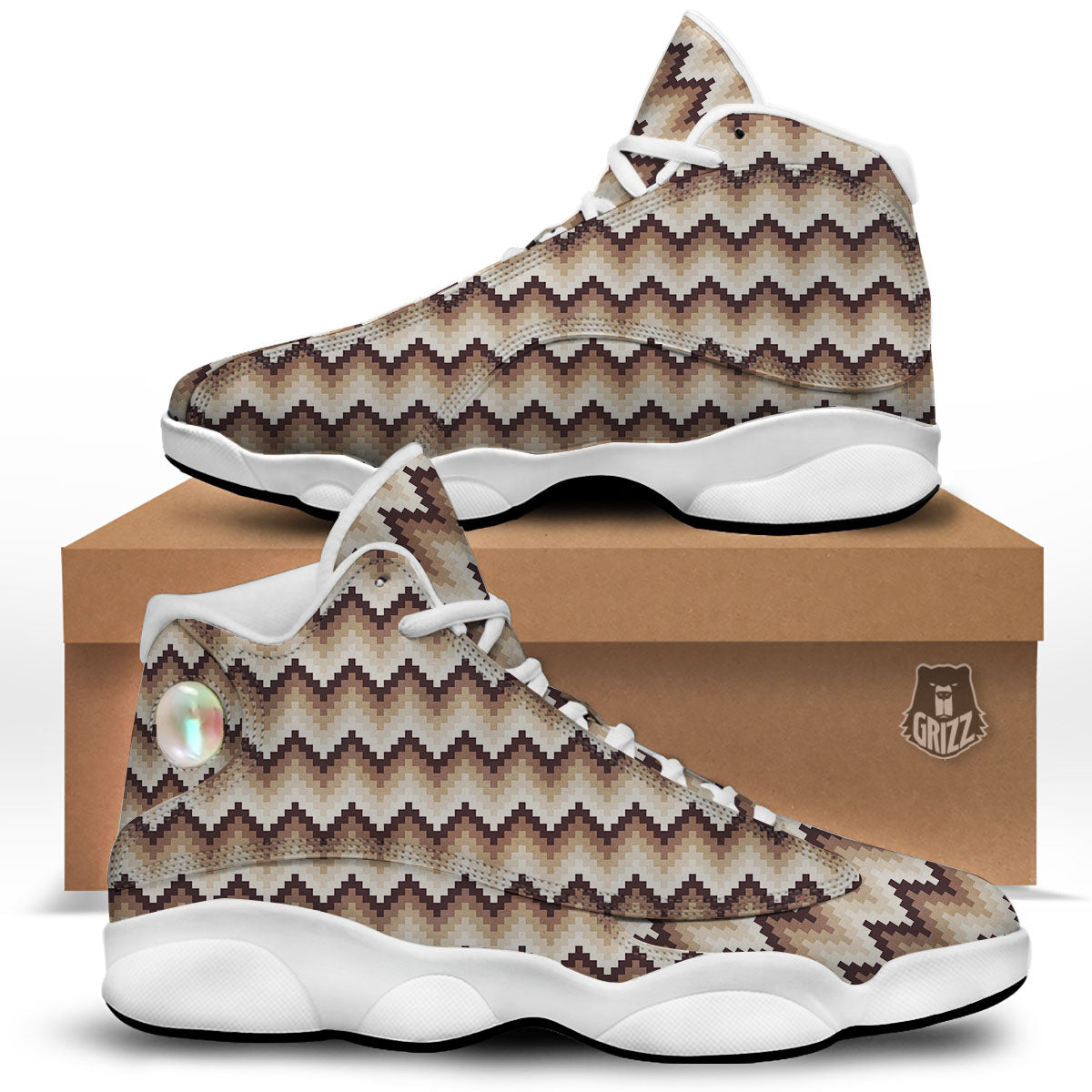 Zigzag Pixel Print Pattern White Basketball Shoes-grizzshop
