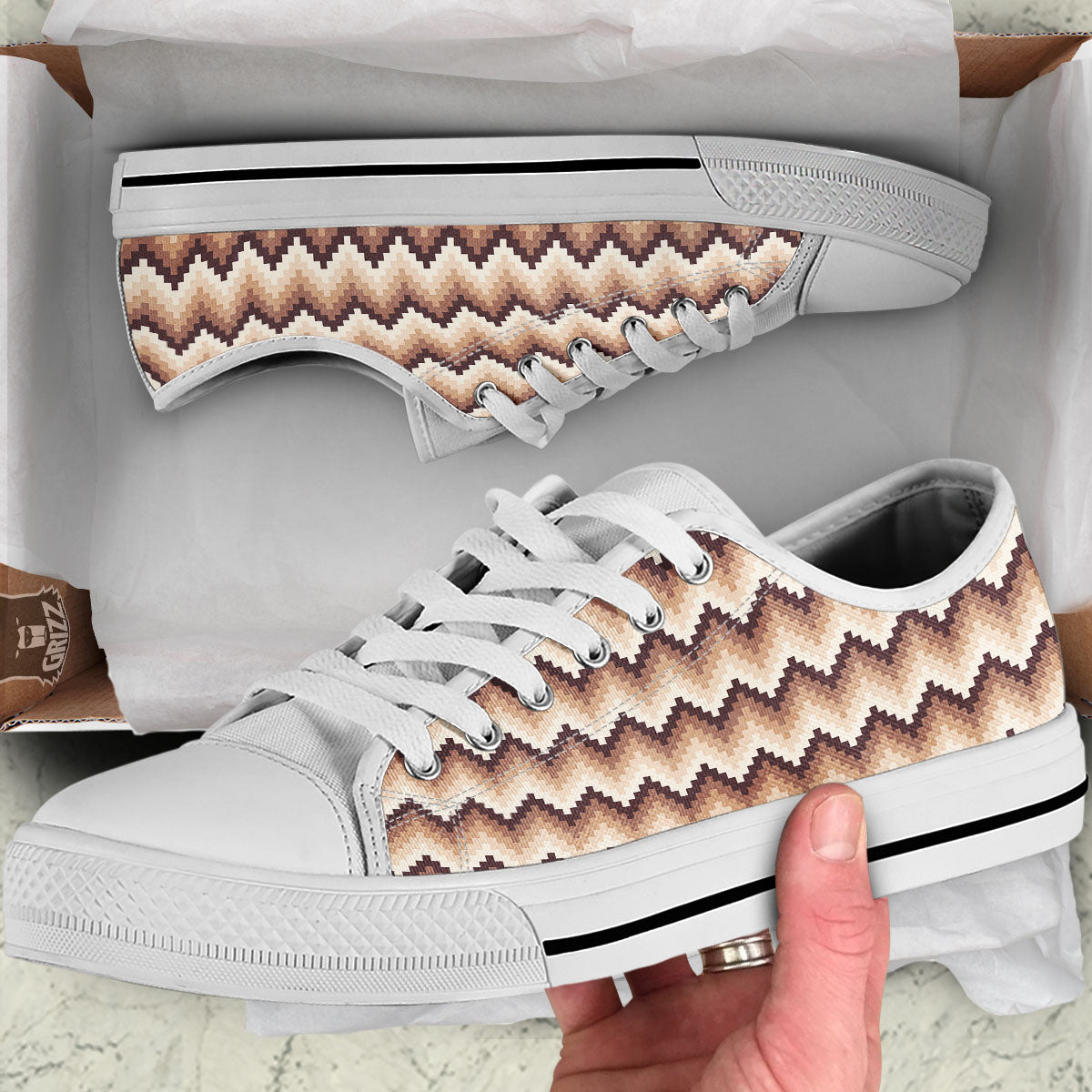 Zigzag Pixel Print Pattern White Low Top Shoes-grizzshop