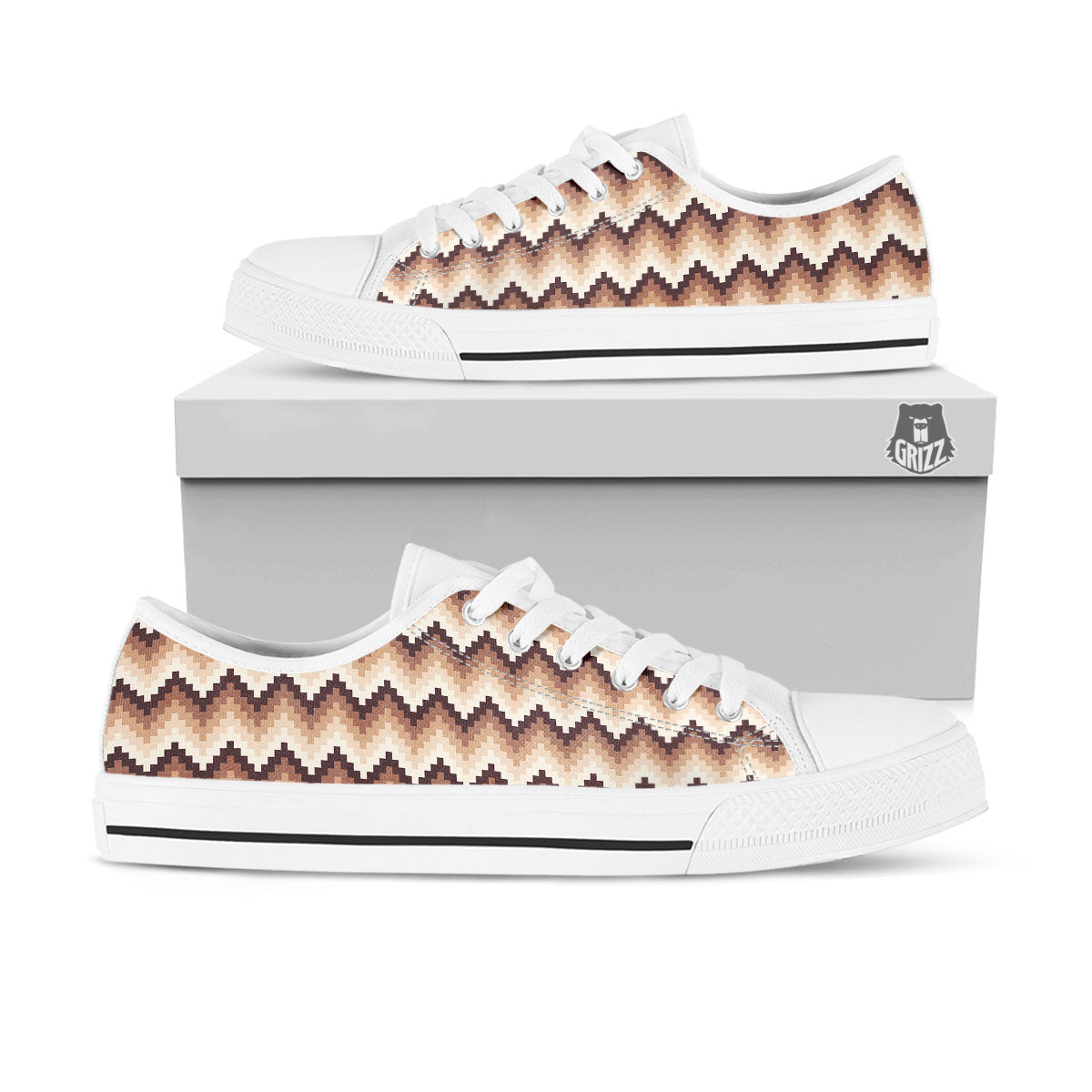 Zigzag Pixel Print Pattern White Low Top Shoes-grizzshop