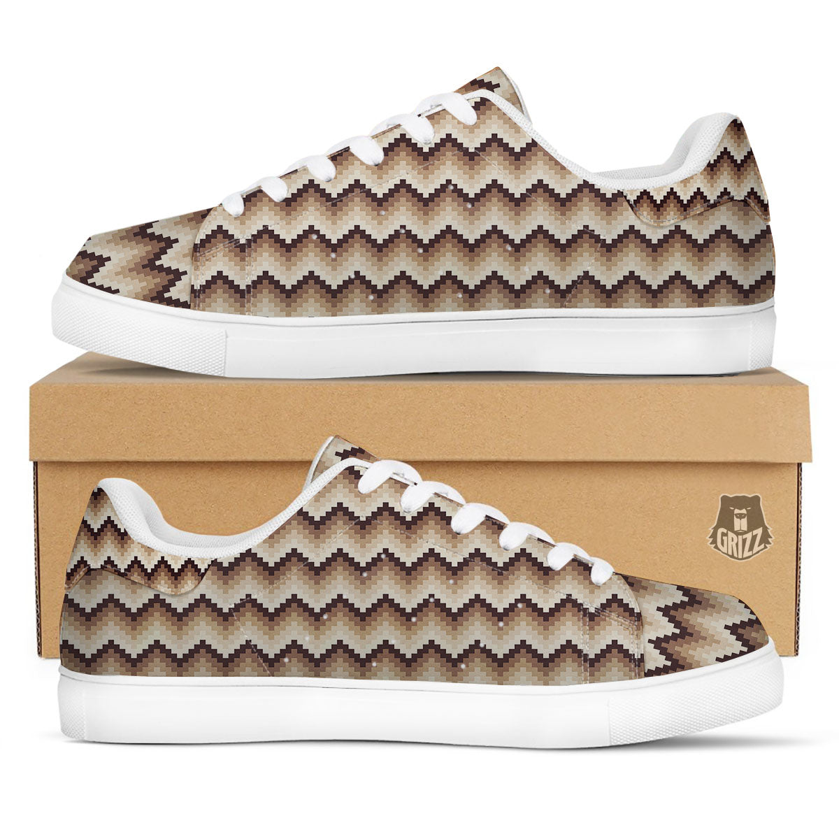 Zigzag Pixel Print Pattern White Low Top Sneakers-grizzshop