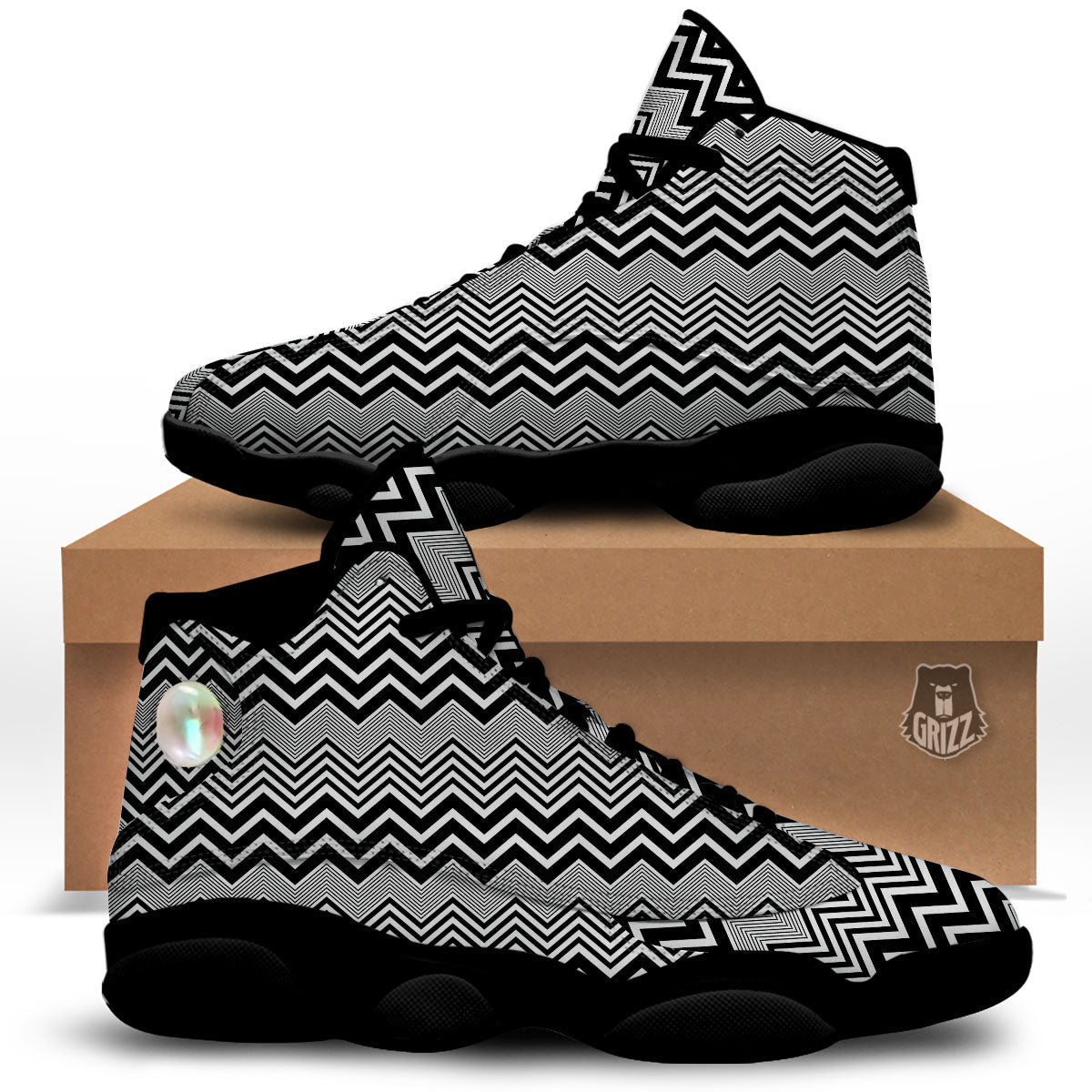 Zigzag White And Black Print Pattern Black Basketball Shoes-grizzshop
