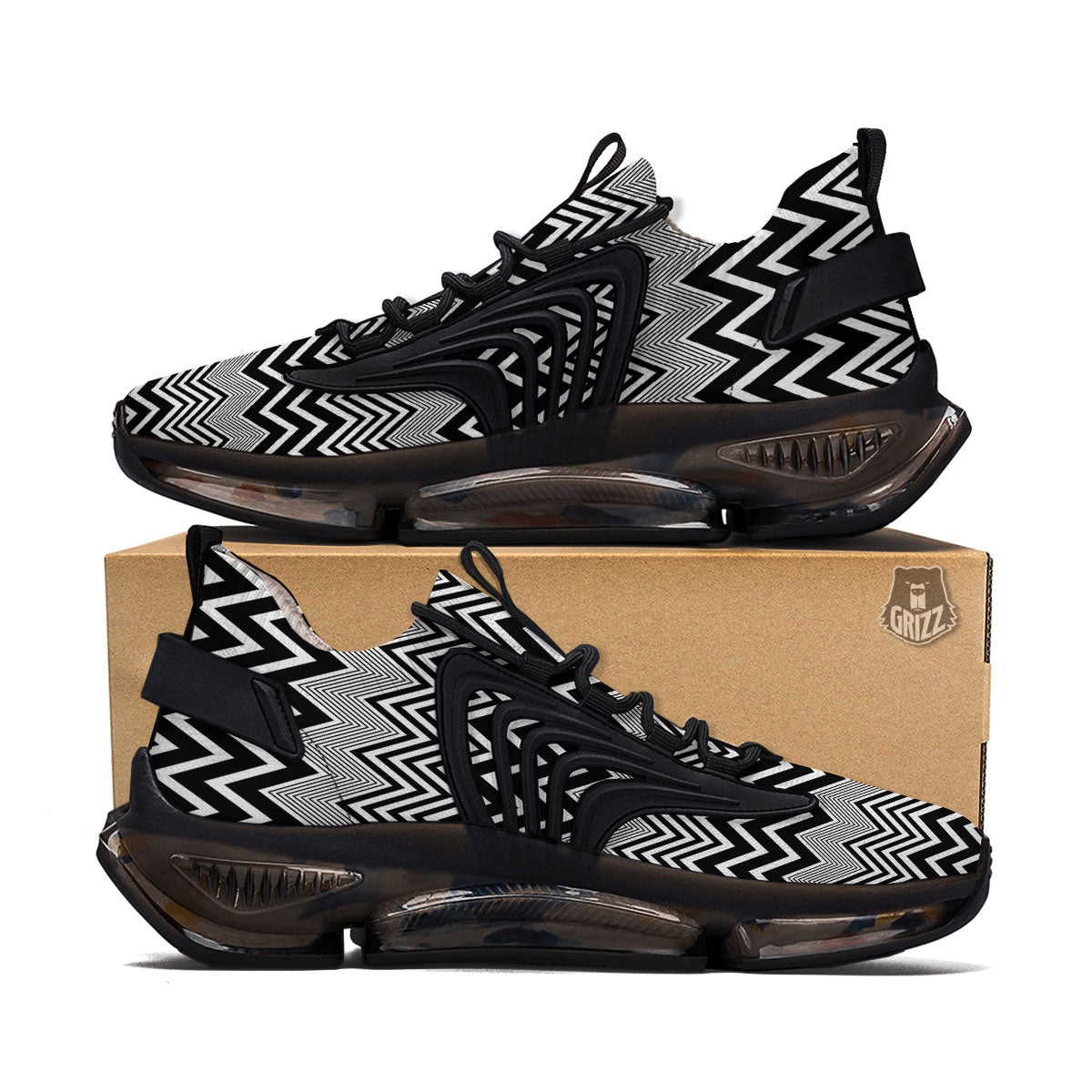 Zigzag White And Black Print Pattern Black Gym Shoes-grizzshop