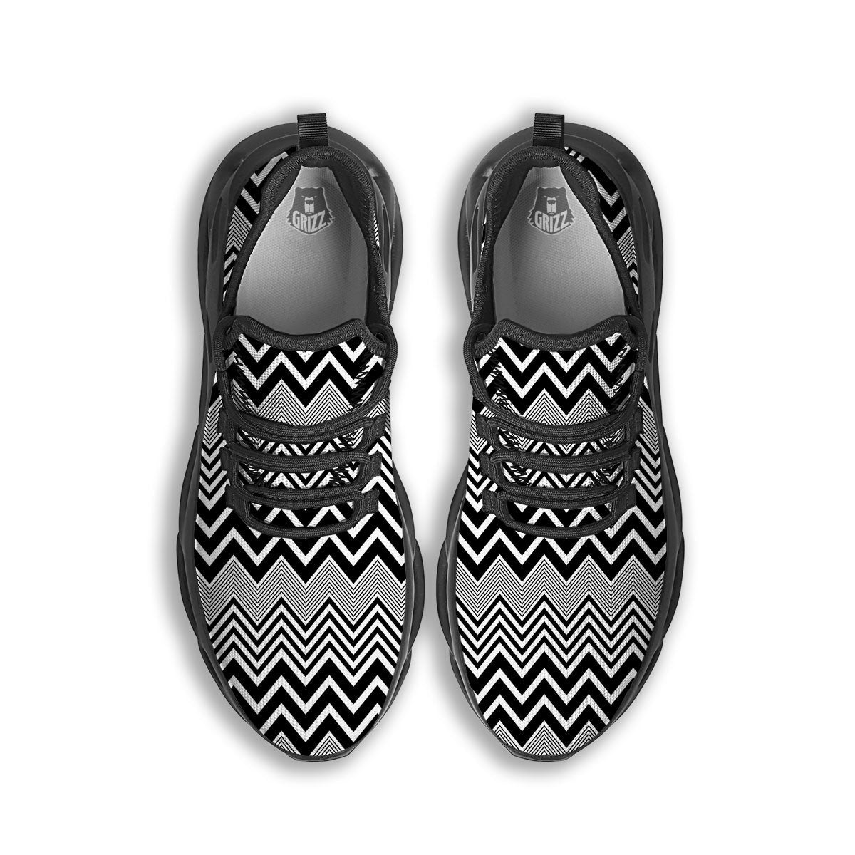 Zigzag White And Black Print Pattern Black Running Shoes-grizzshop