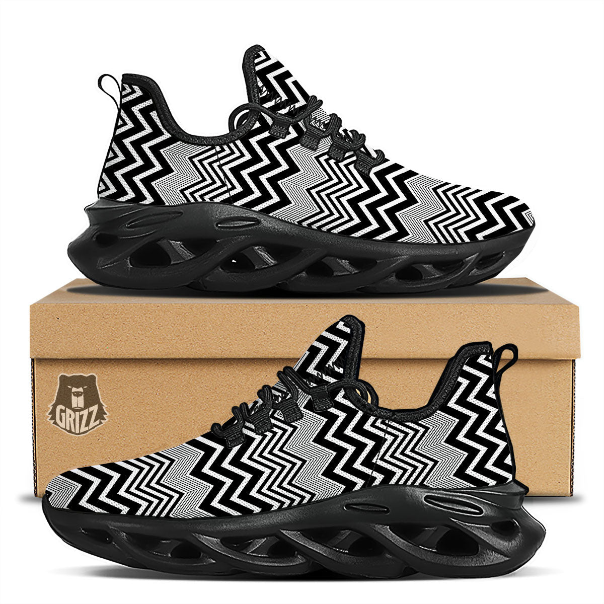 Zigzag White And Black Print Pattern Black Running Shoes-grizzshop